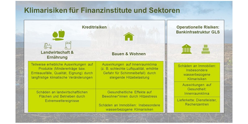 Graphische Darstellung in Grüntönen gehalten, der Text steht in Textboxen zum Thema:  Klimarisiken für Finanzinstitute und Sektoren