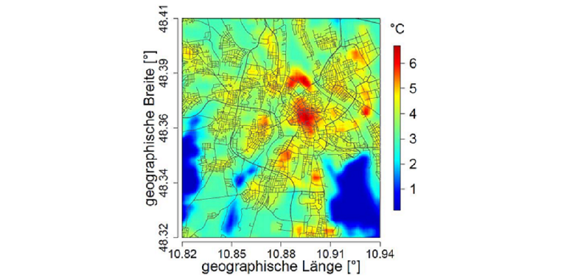 Grafische Darstellung von modellierte Temperaturanomalien für Augsburg in den Farben Rot, Gelb, Blau.