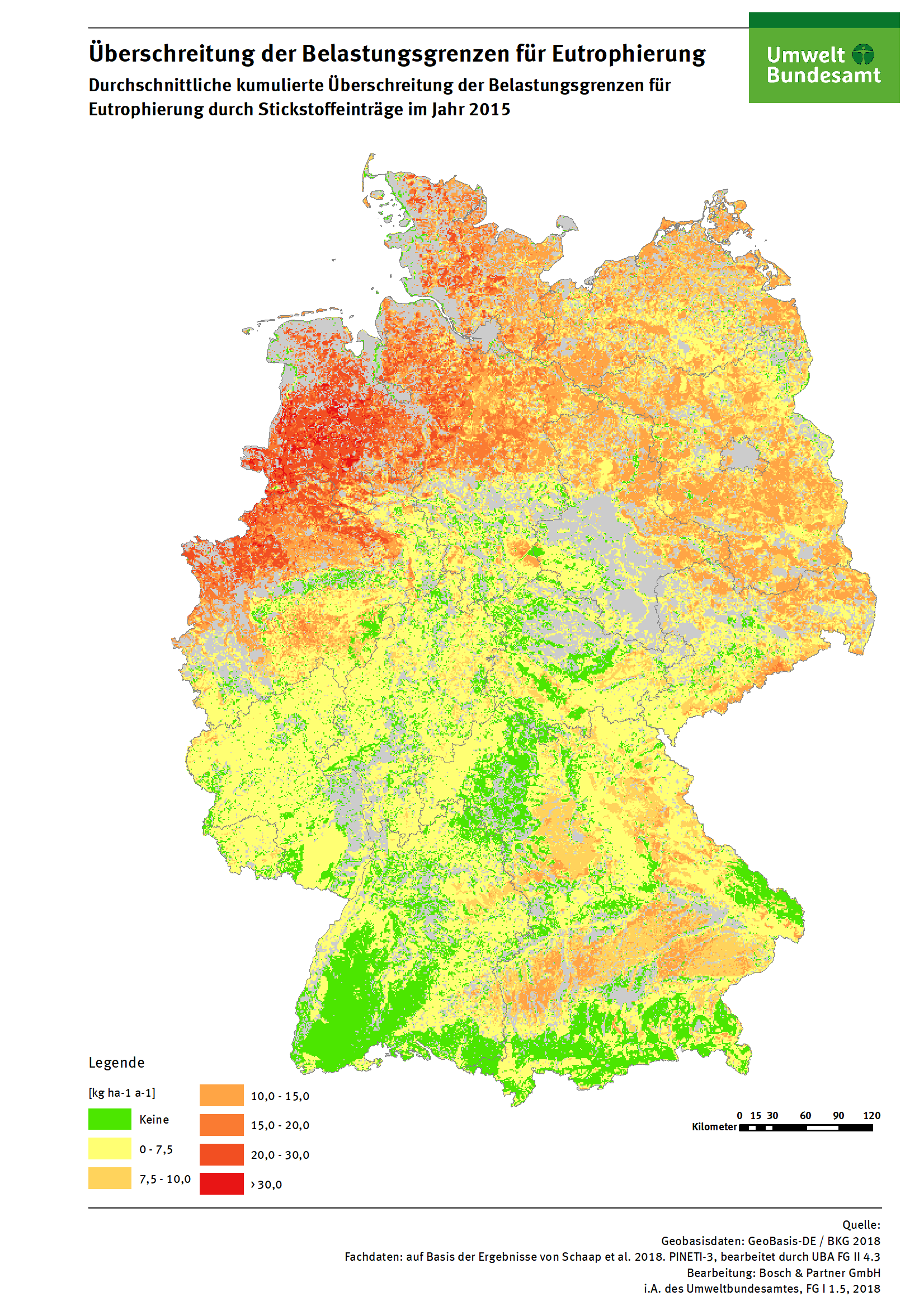 Die Überschreitung der Belastungsgrenzen ist vor allem in Norddeutschland hoch. Betroffen sind besonders stark Nordrhein-Westfalen, Niedersachsen und Schleswig-Holstein, ebenfalls bestehen in Brandenburg, Mecklenburg-Vorpommern und Sachsen teils deutliche Überschreitungen. In Süddeutschland sind einige Teile Bayerns verstärkt betroffen.