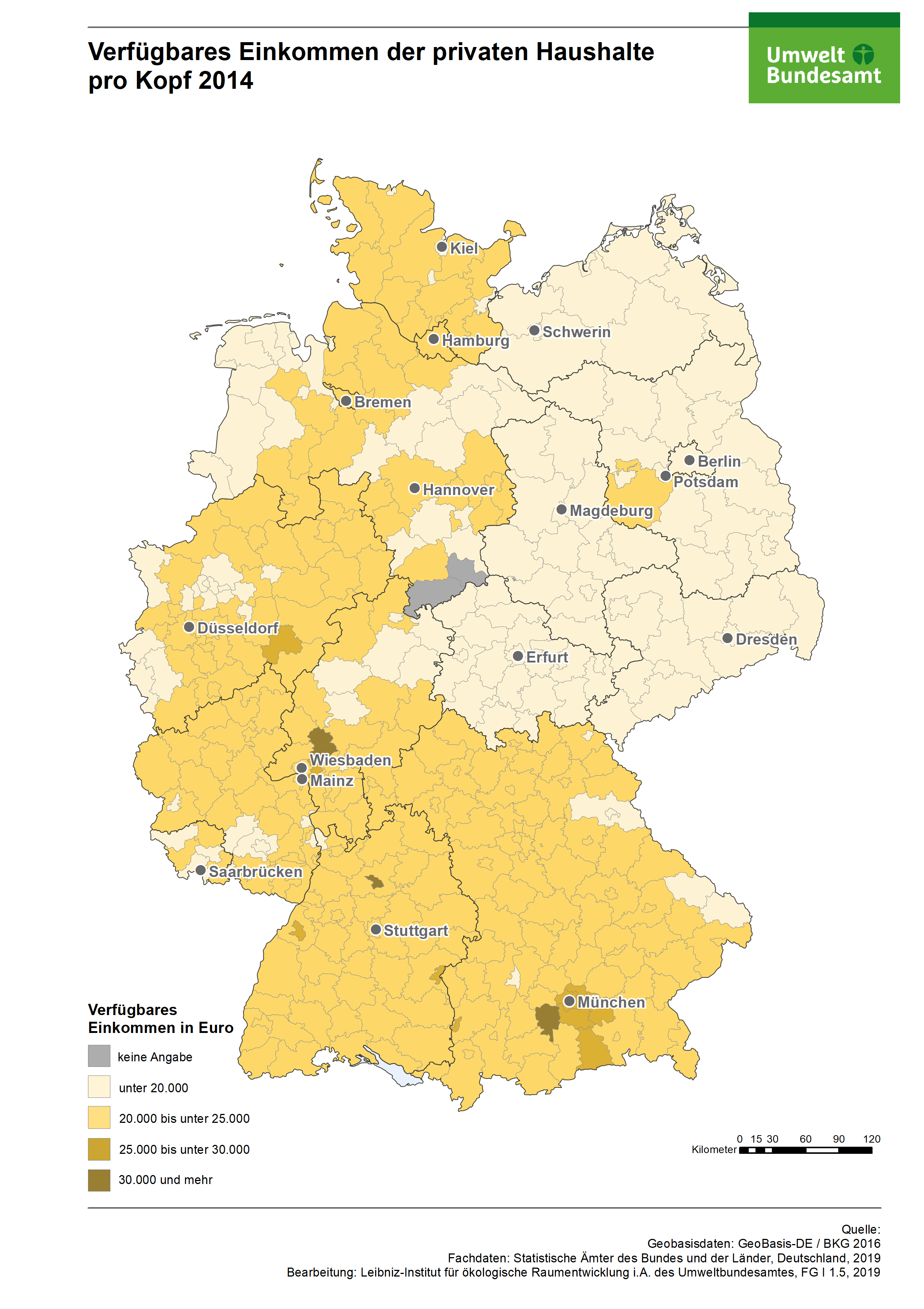 Verfügbares Einkommen der Haushalte pro Kopf 2014