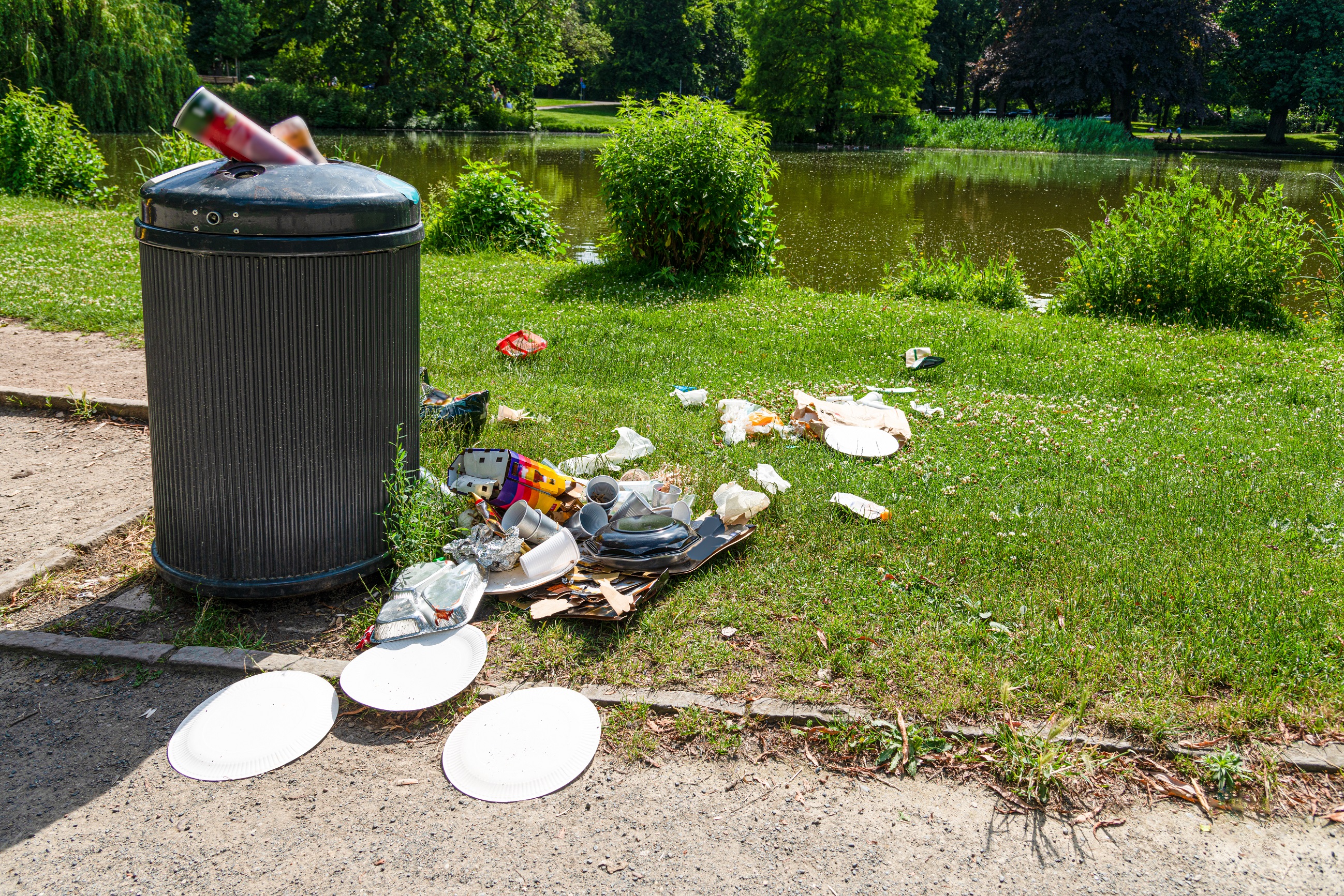 Plastikmüll Picknikartikel quellen aus einer Mülltonne im Park