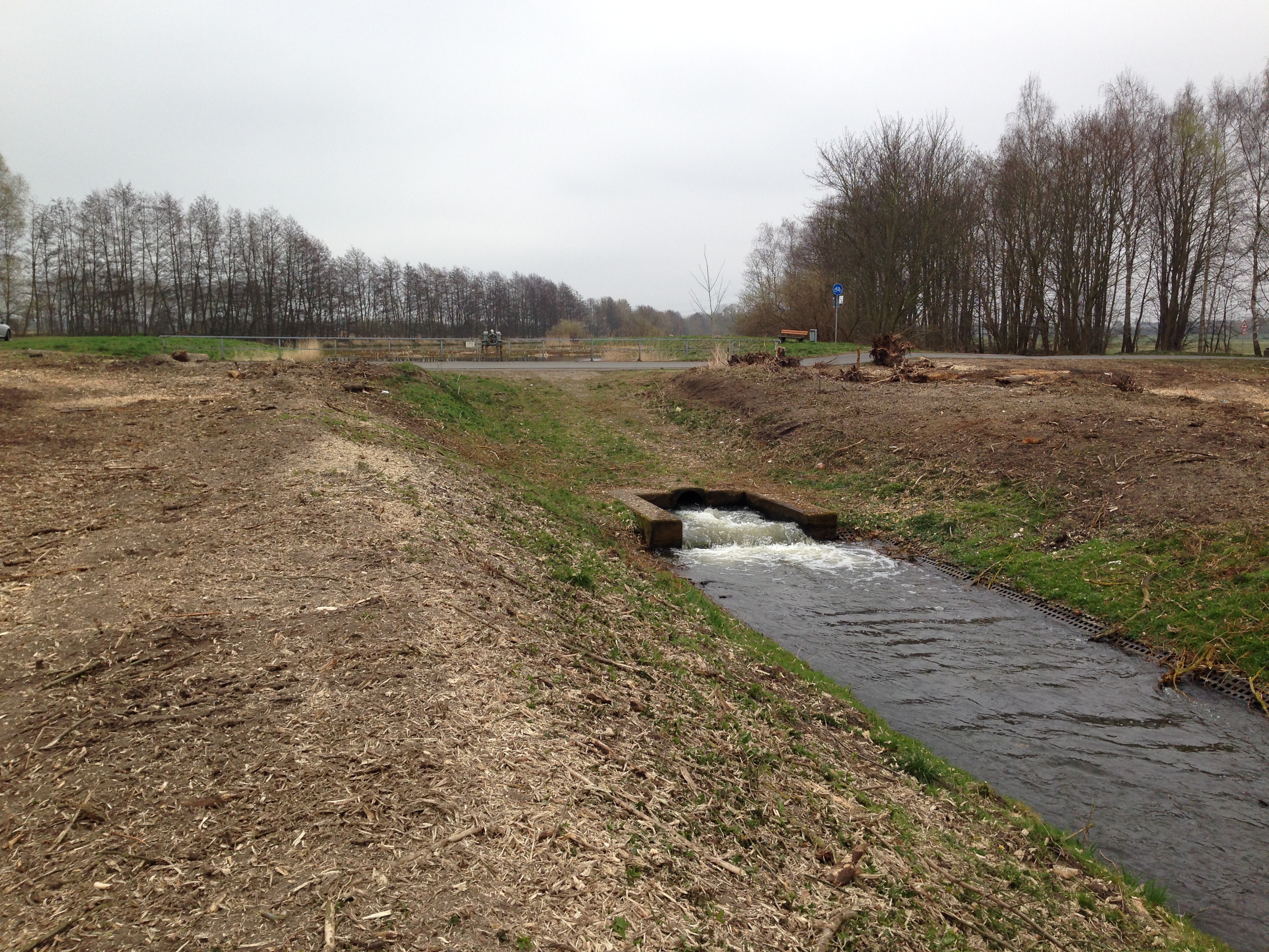 Foto: Der Zustand des Wehres bei Lüssow vor Maßnahmenbeginn. Die Ufer sind nahezu vegetationslos.