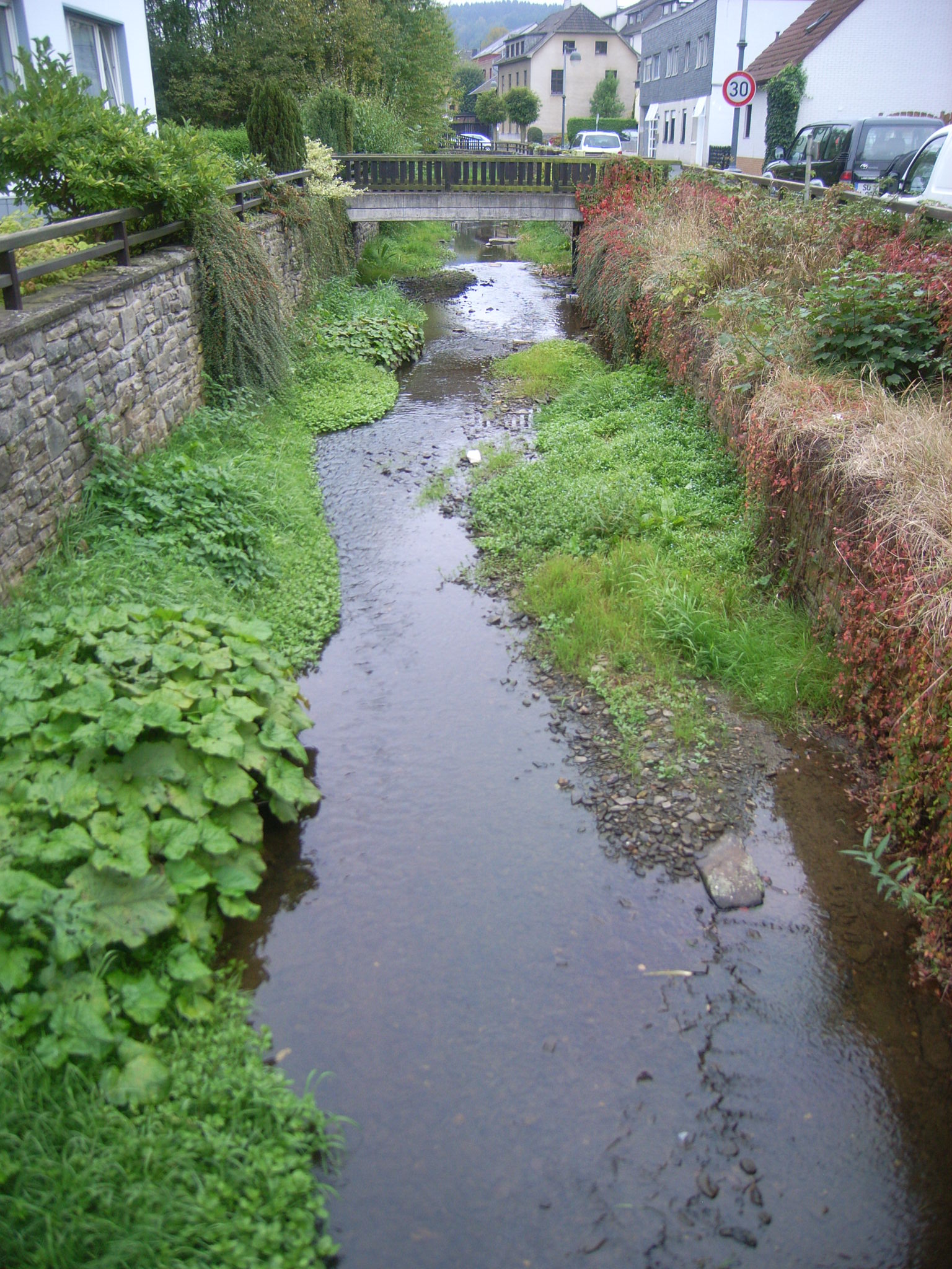 Foto: Bach mit hohen Ufermauern und angrenzenden Häusern und Straßen in Ortslage. Die Gewässersohle ist offen, mit Kies bedeckt und stellenweise bewachsen. Der Bach verläuft leicht schwingend im Kastenprofil.