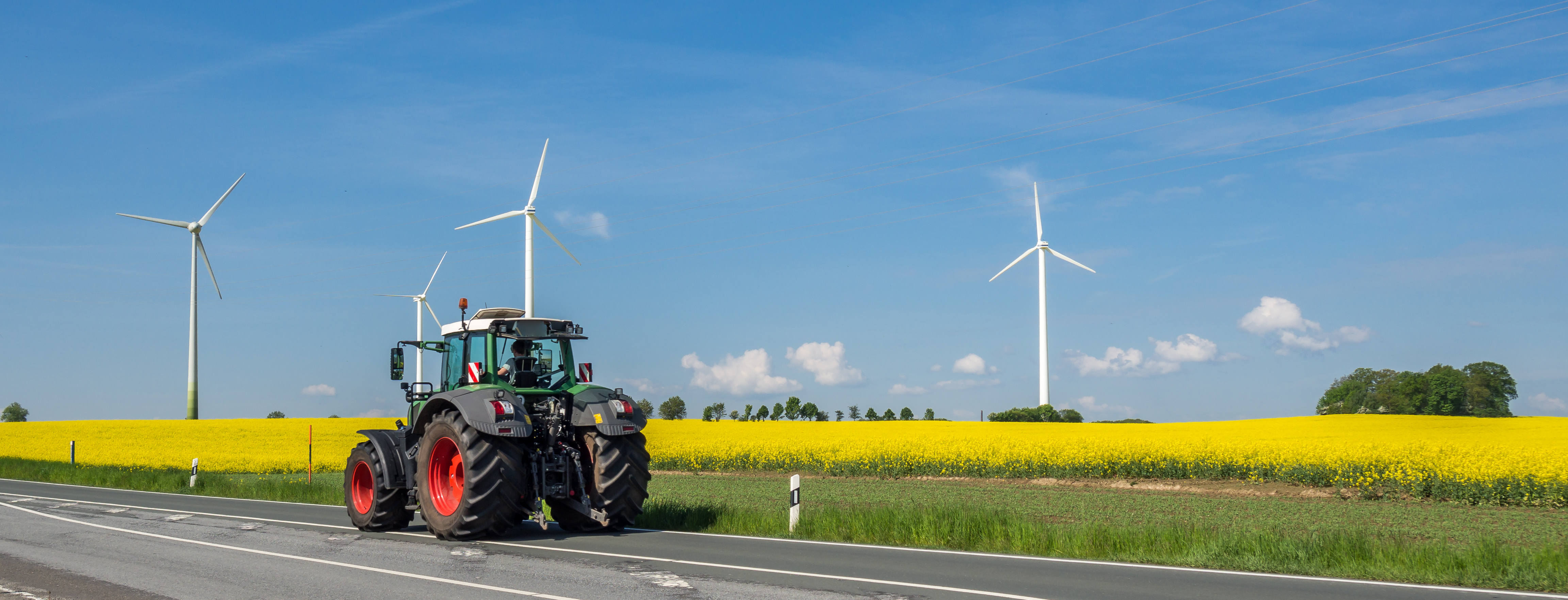 Ein Traktor vor einem Rapsfeld