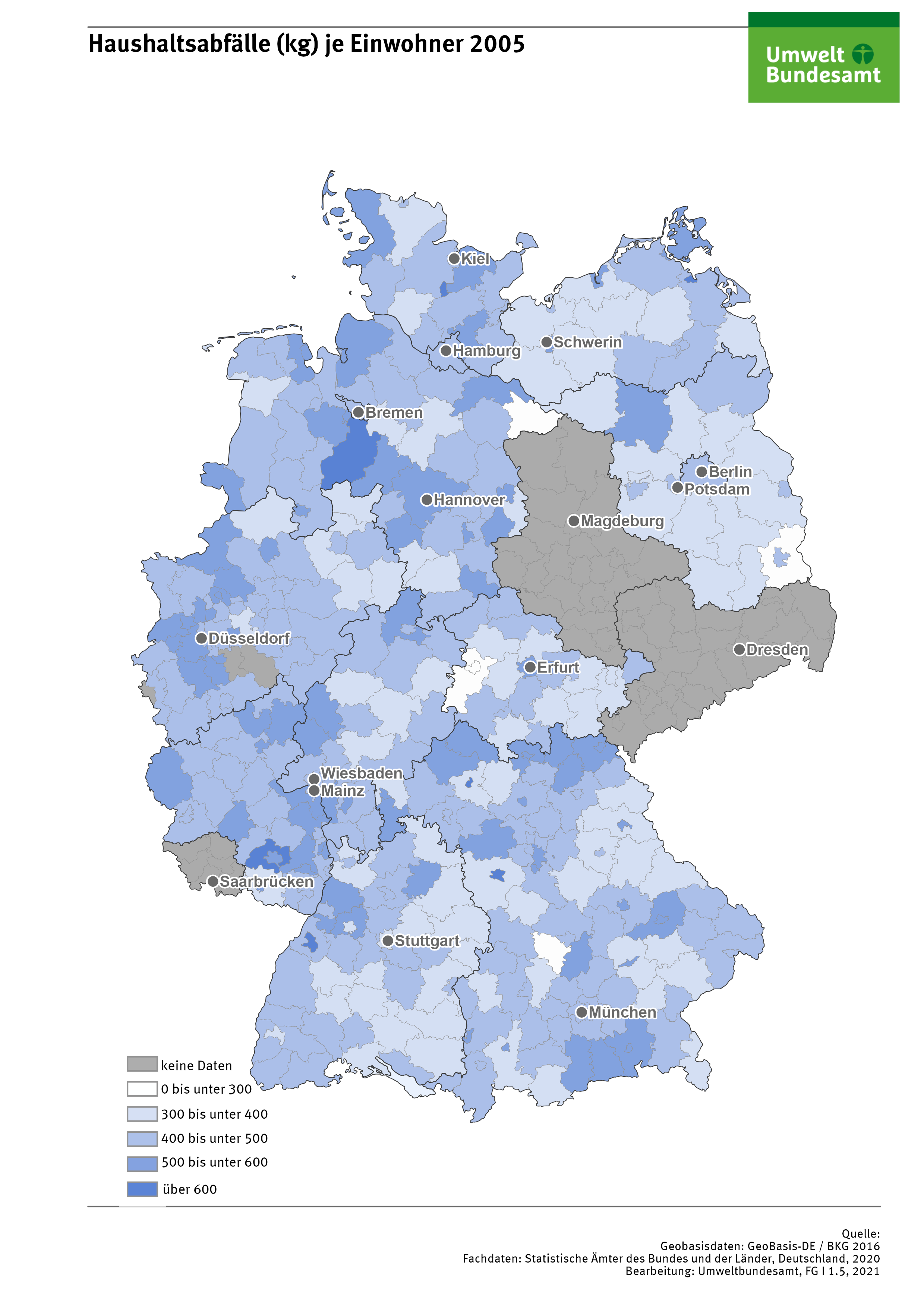 Haushaltsabfälle (kg) je Einwohner 2005