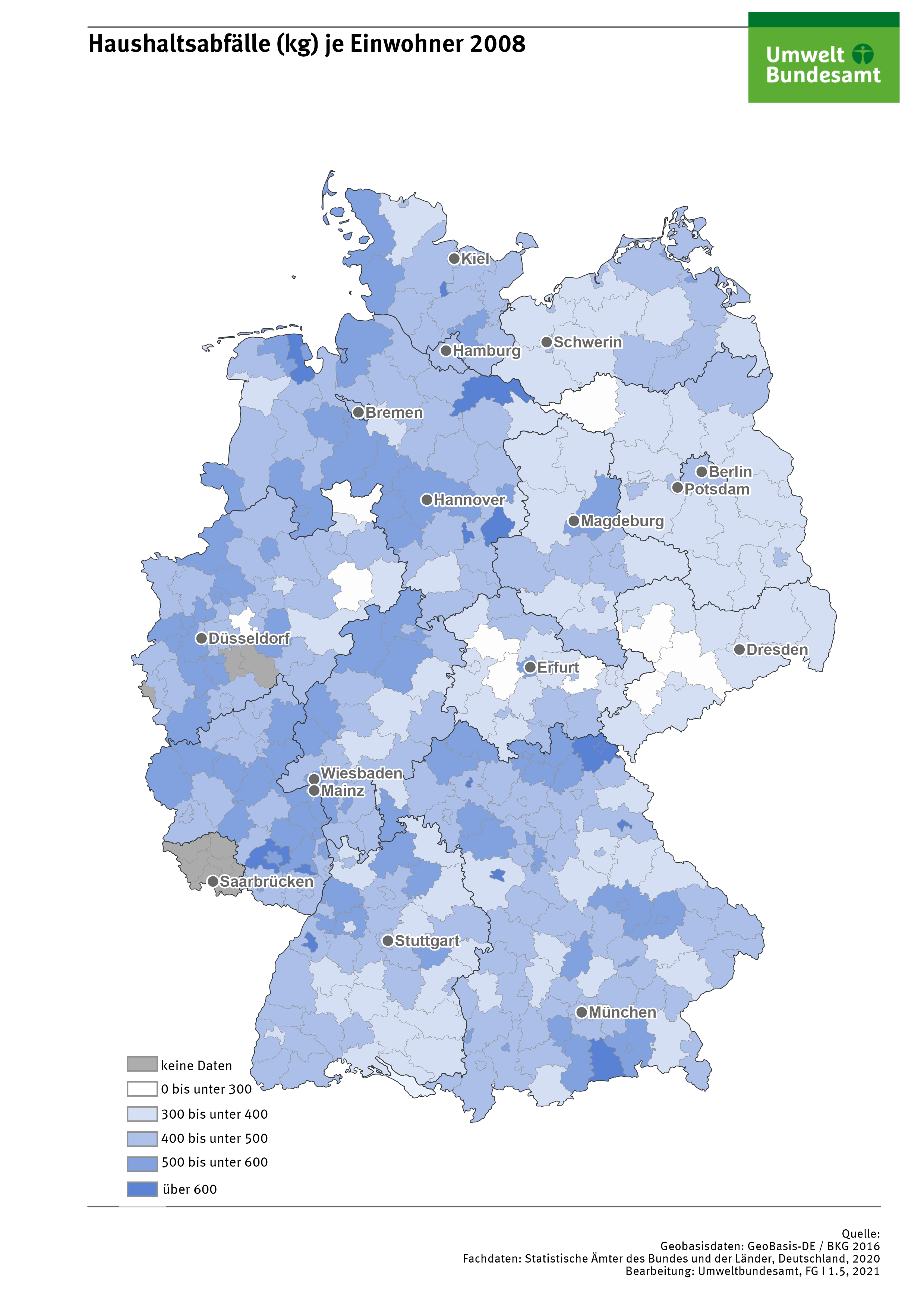Haushaltsabfälle (kg) je Einwohner 2008
