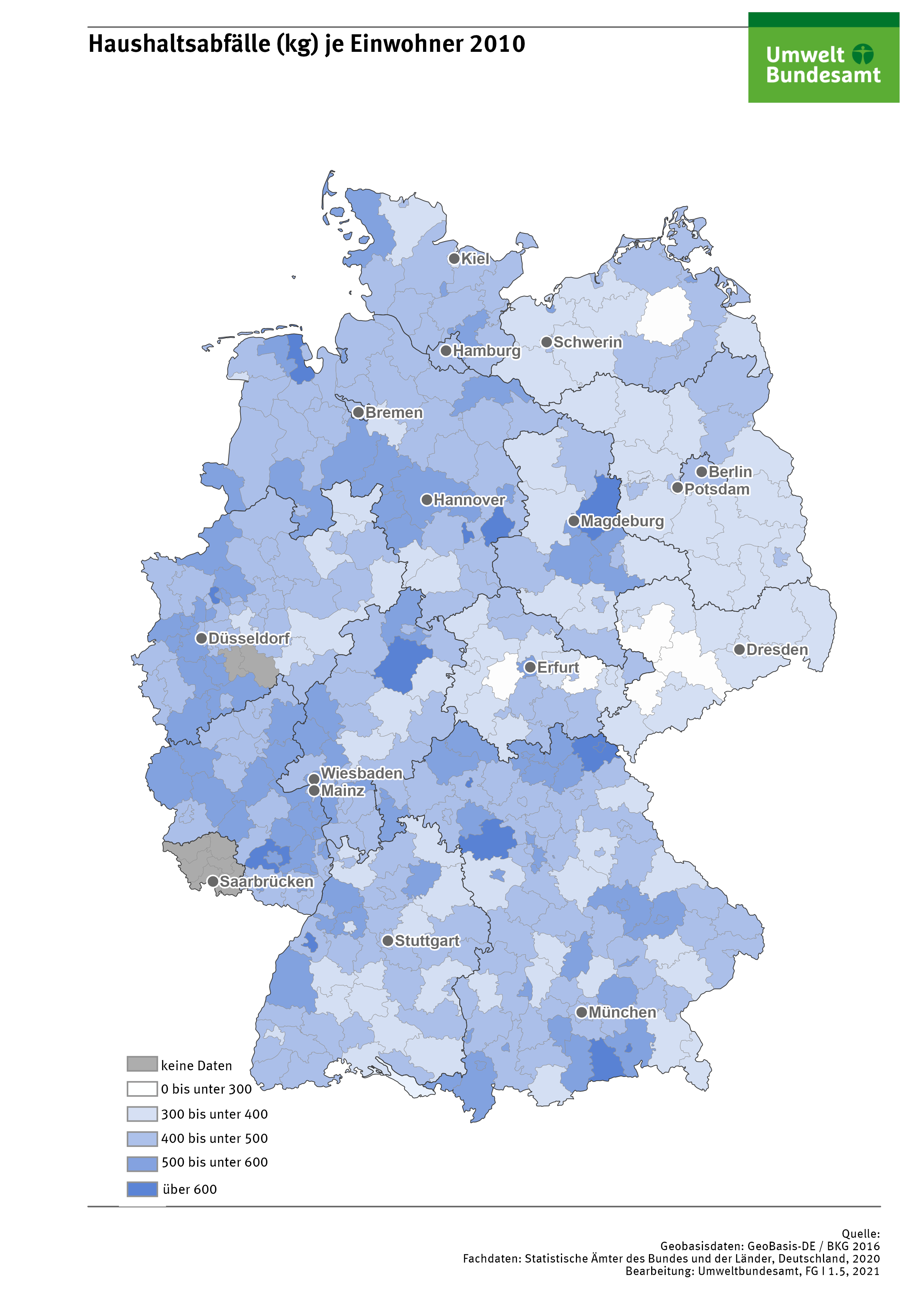 Haushaltsabfälle (kg) je Einwohner 2010