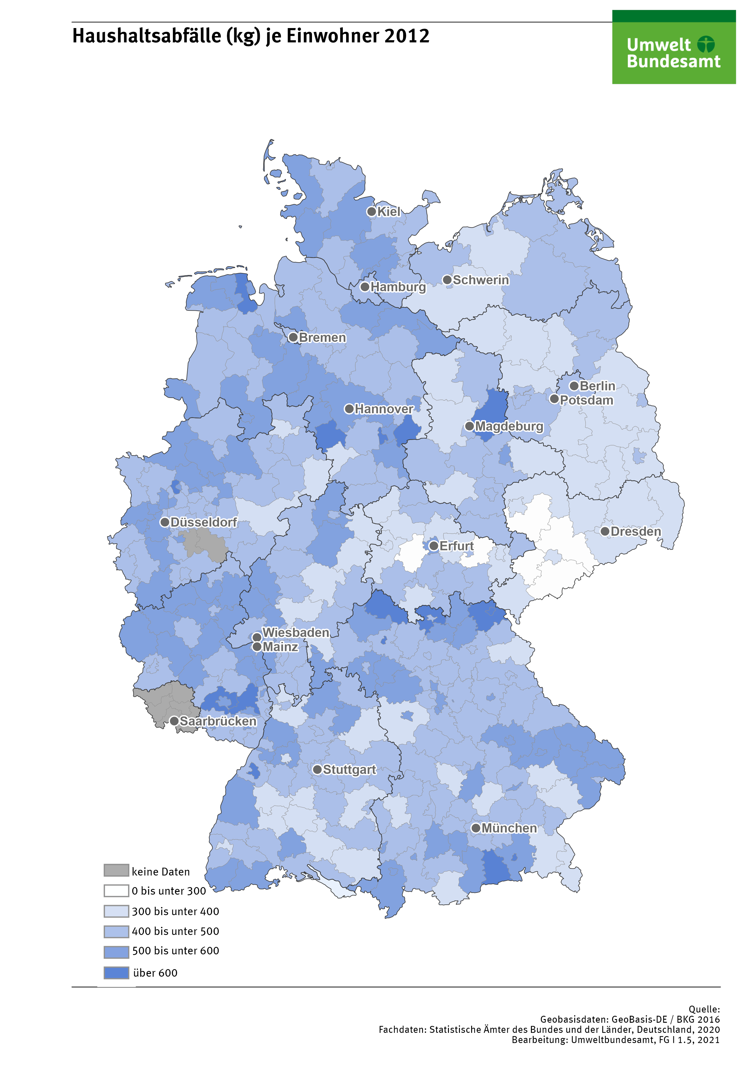 Haushaltsabfälle (kg) je Einwohner 2012