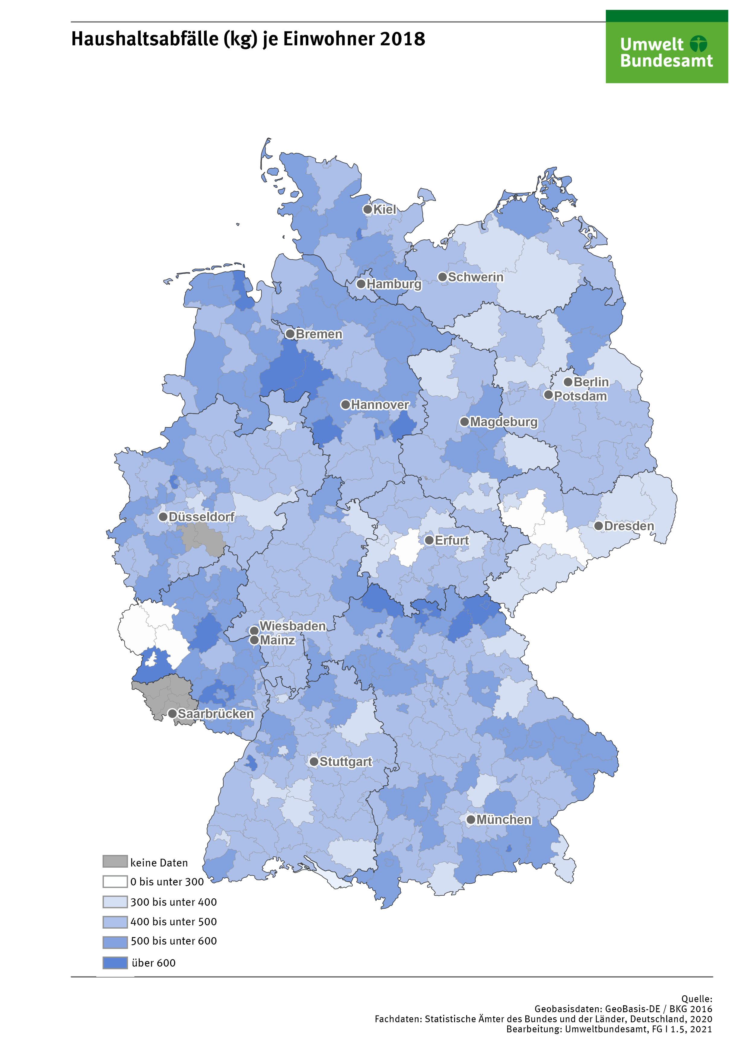 Die Karte zeigt die Verteilung von Haushaltsabfällen in Deutschland (in kg je Einwohner).