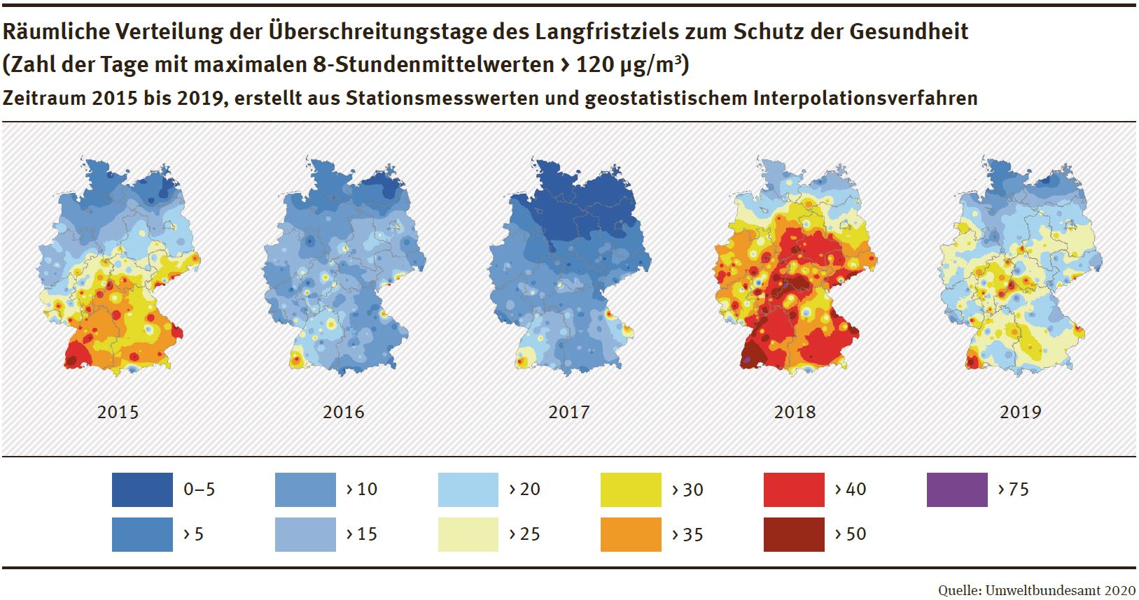 Ozon: Karte: Räumliche Verteilung der Überschreitungstage des Langfristziels zum Schutz der Gesundheit