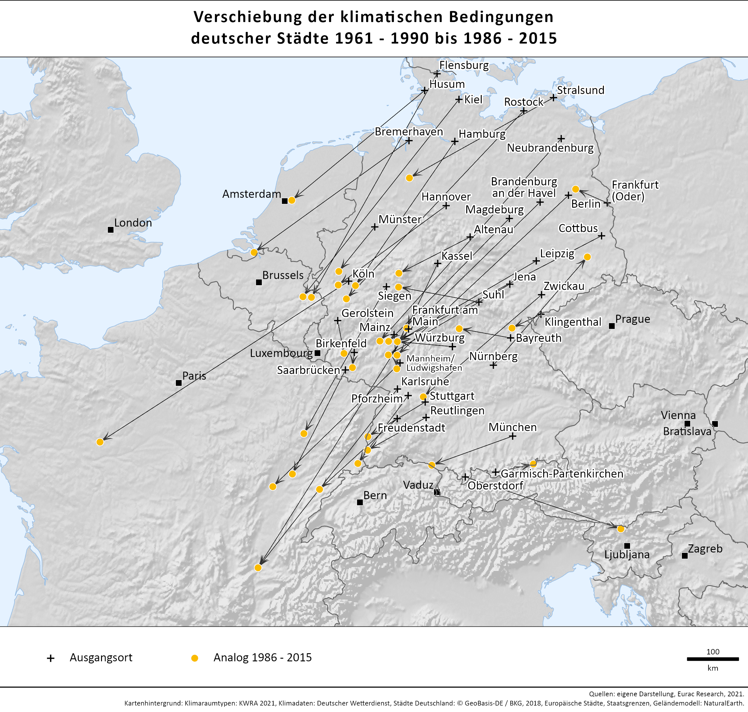 Zu sehen sind die beschriebenen Klimaanalogien der deutschen Städte in einer Europakarte für den Zeitraum 1986-2015