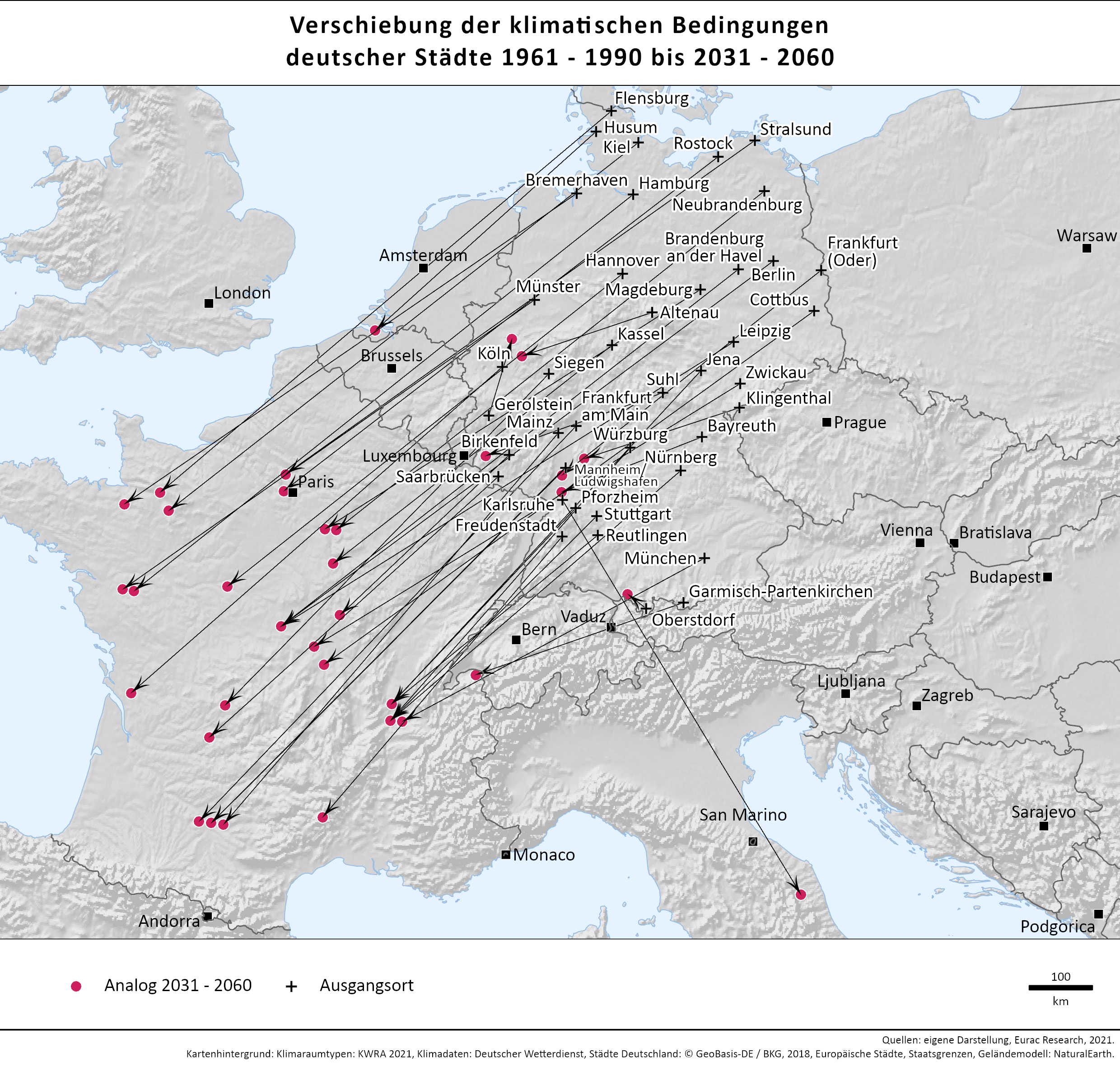Zu sehen sind die beschriebenen Klimaanalogien der deutschen Städte in einer Europakarte für den Zeitraum 2031-2060