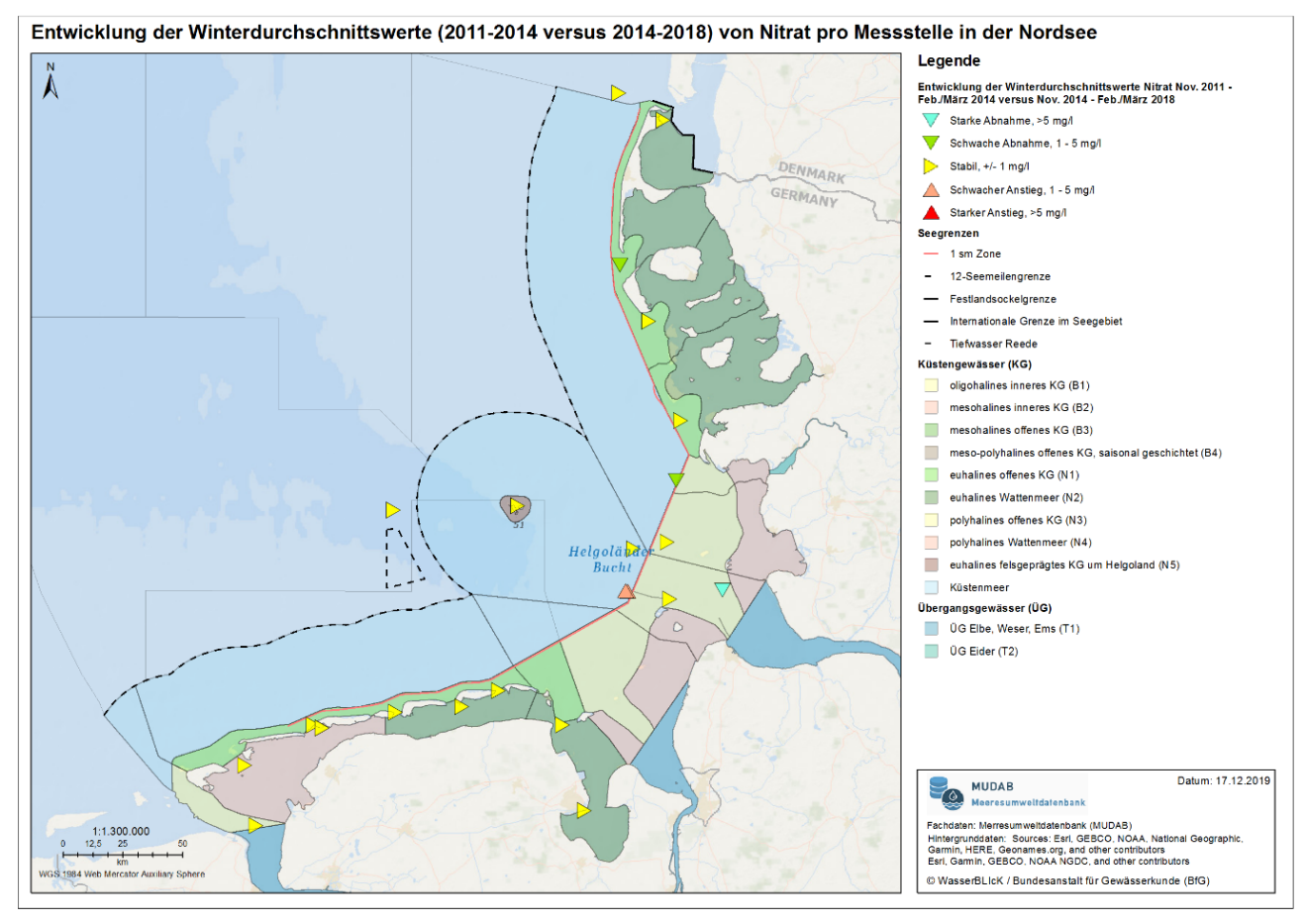 Abbildung 1: Entwicklung der Winterdurchschnittswerte (Zeitraum November bis Februar/März) von Nitrat für Küsten- und Meeresgewässer der Nordsee pro Messstelle zwischen dem vorherigen Berichtszeitraum (November 2011 bis Februar/März 2014) und dem aktuellen Berichtszeitraum (November 2014 bis Februar/März 2018)