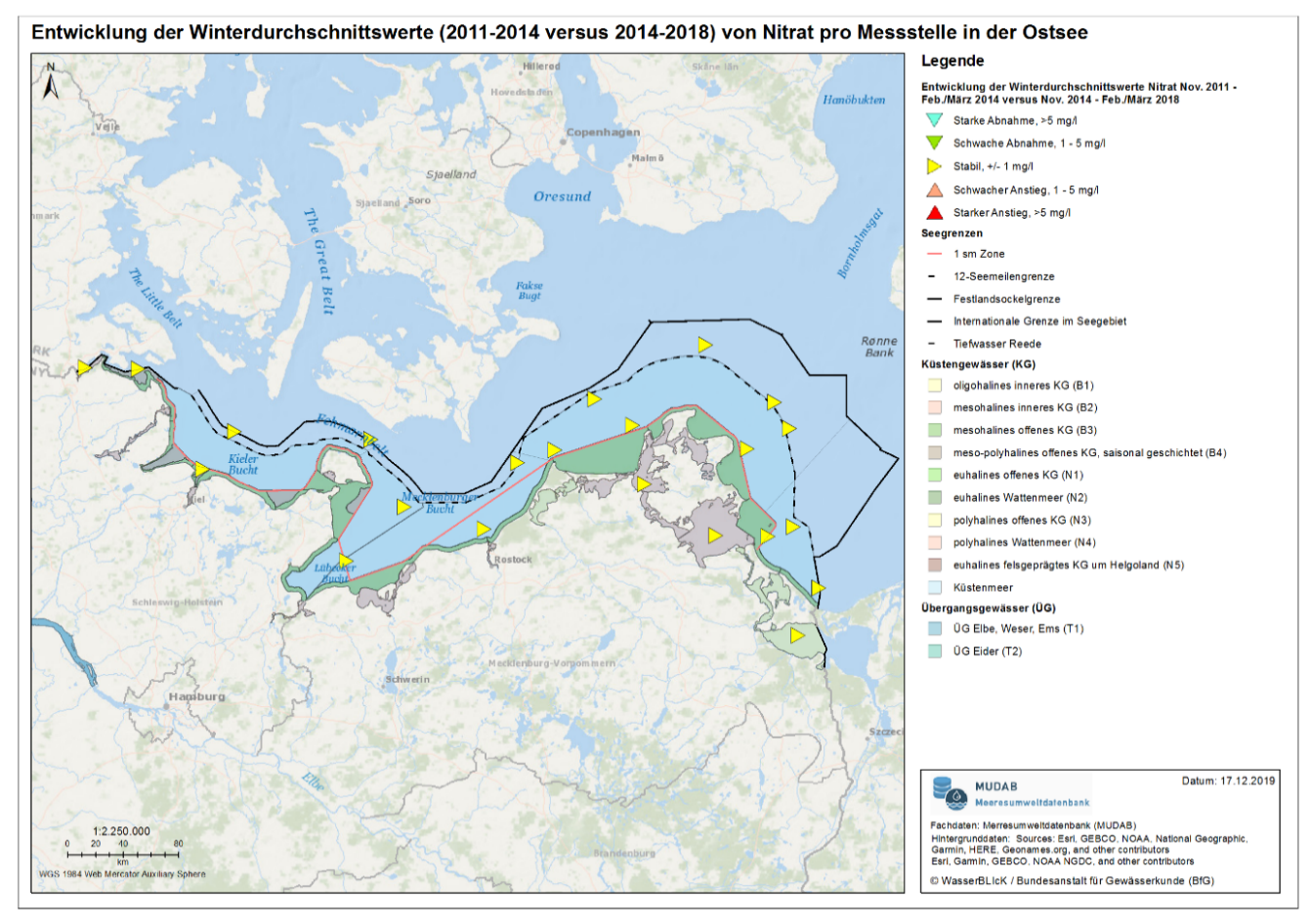 Abbildung 2: Entwicklung der Winterdurchschnittswerte (Zeitraum November bis Februar) für Küsten- und Meeresgewässer der Ostsee pro Messstelle zwischen dem vorherigen Berichtszeitraum (November 2011 bis Februar 2014) und dem aktuellen Berichtszeitraum (November 2014 bis Februar 2018)