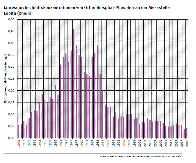 Jahresmittelwerte zeigen: mittlere Orthophosphat-Konzentrationen stiegen 1955 bis 1975 von etwa 0,05 auf 0,4 Milligramm Phosphor pro Liter zunächst stark an und sind seit Mitte der 1980er Jahren rückläufig und liegen derzeit bei 0,06 mg P/l.