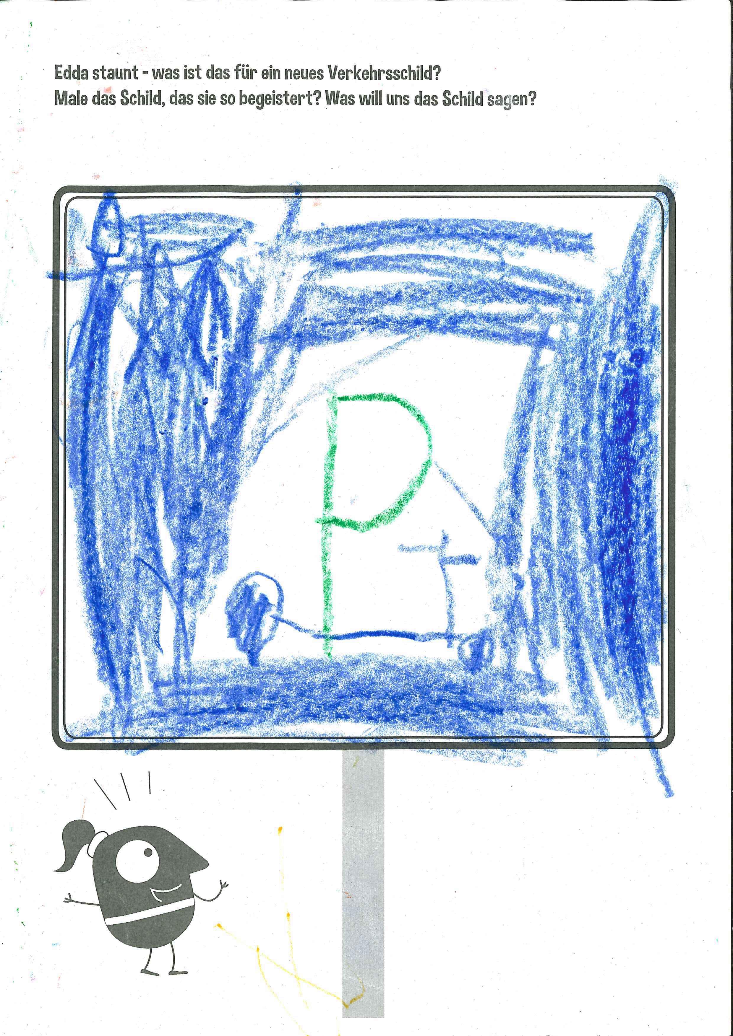 Kind malt Straßenschild nach seinen Vorstellungen