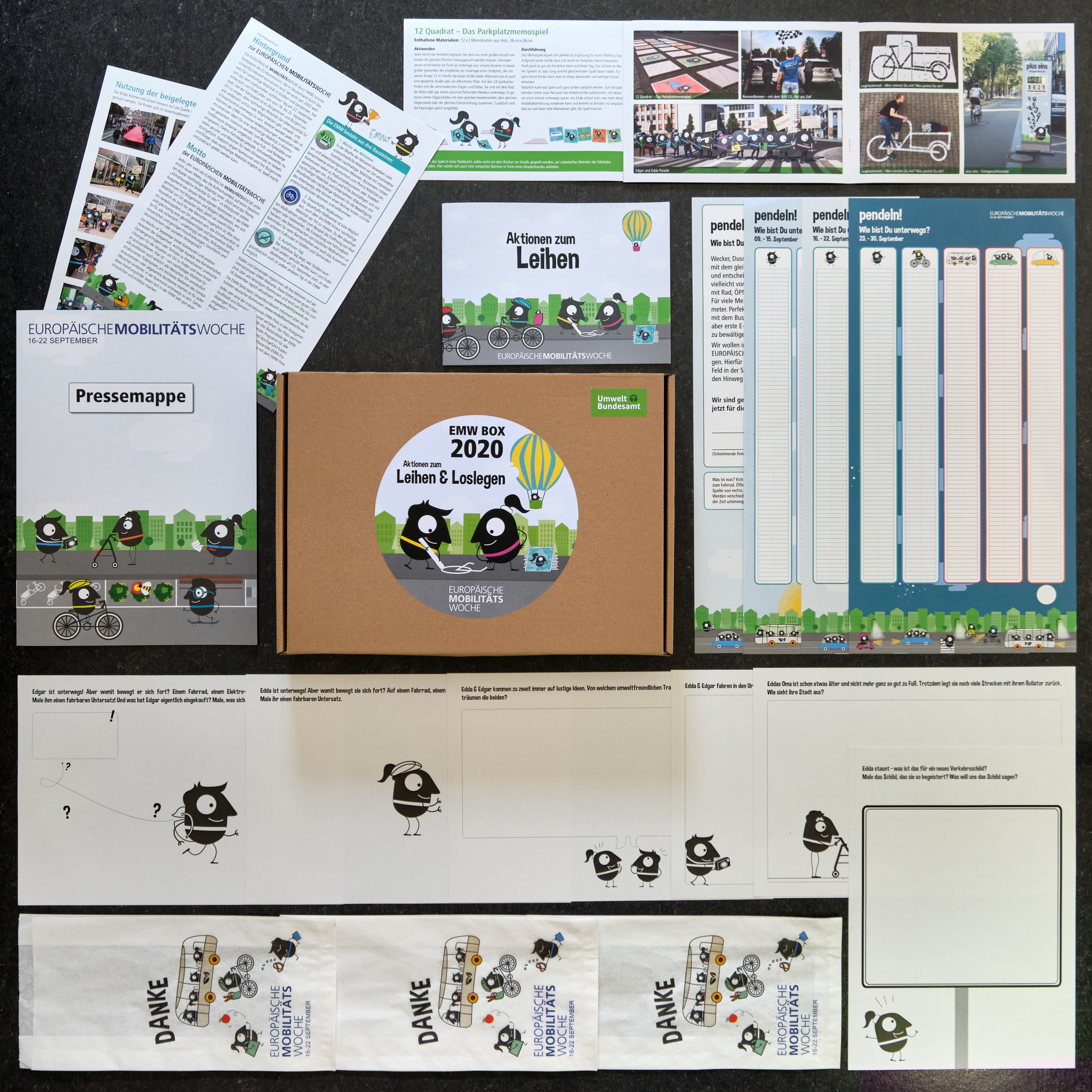 Alle Inhalte der EMW-BOX 2020, wie Brötchentüten, Plakate, Anleitungen, Pressemappe und Ausmalbilder auf einen Blick