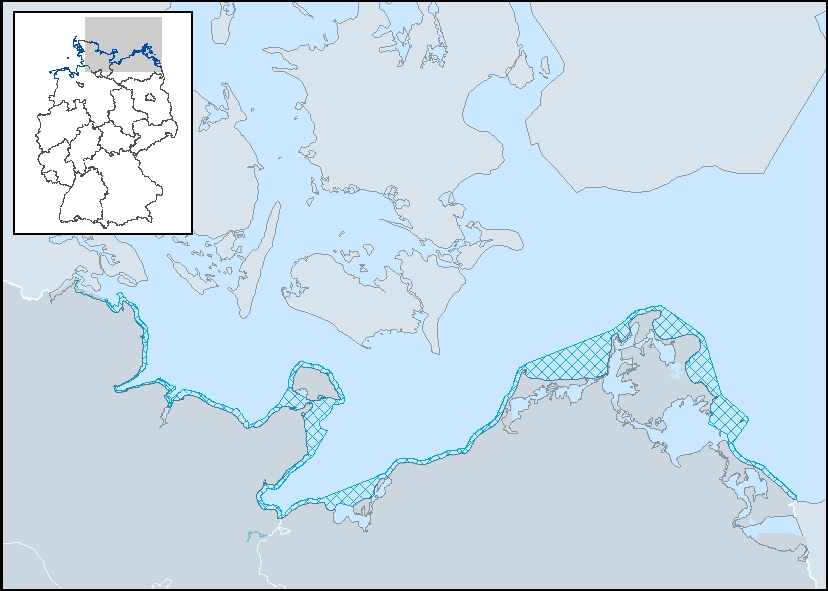 Eine Karte der Ostseeküste. Der relevante Gewässertyp ist dunkel schraffiert.