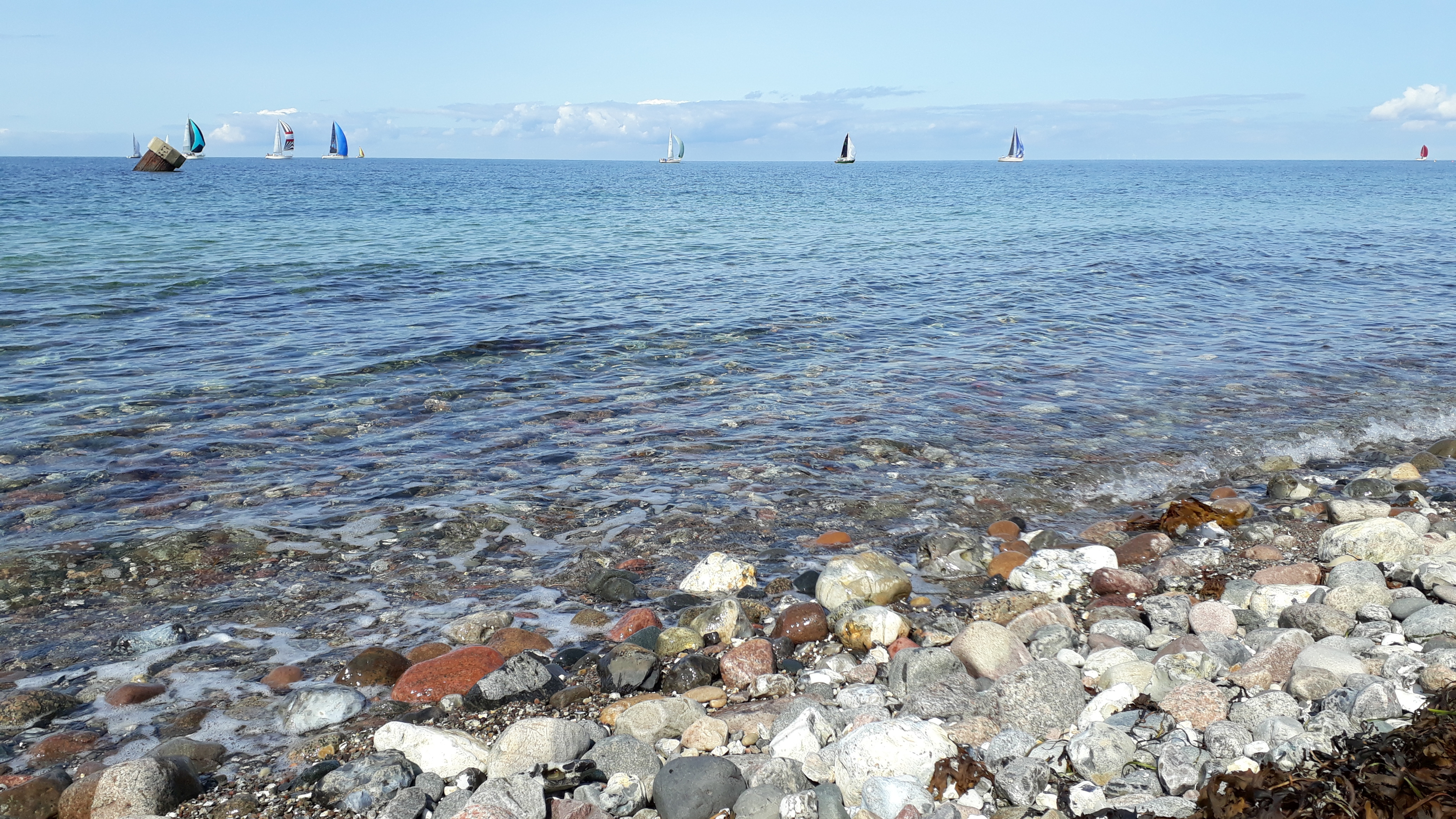 Steinstrand mit Blick auf Segelboote.