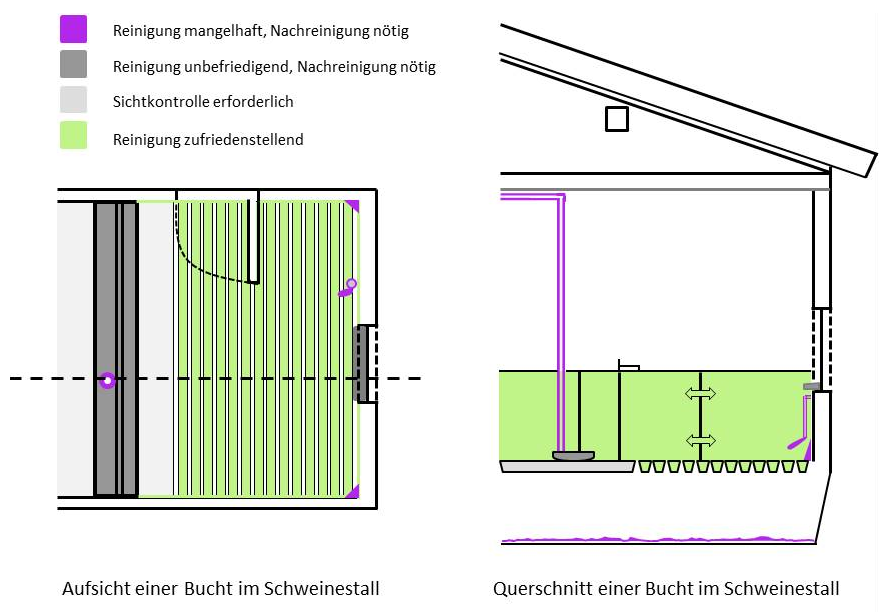 Schematische Abbildung eines Schweinestalls (Aufsicht bzw. Querschnitt), dem Bewertungsschema des Protein-Tests entsprechend eingefärbt