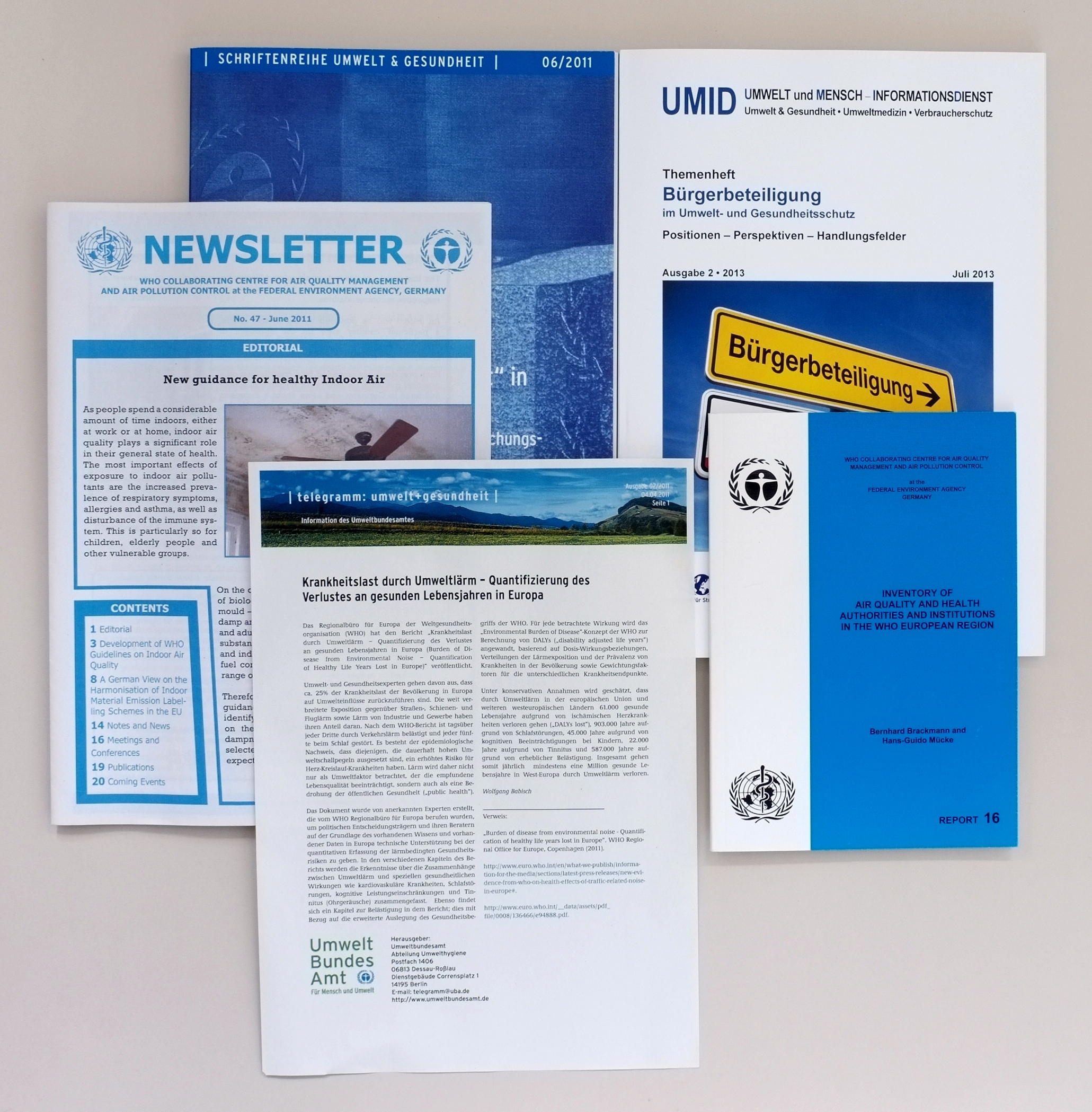 The cover pictures of newsletters and series about environment and health are shown.