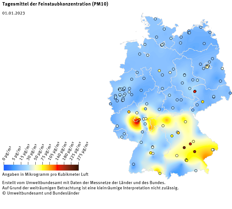 Tagesmittel der Feinstaubkonzentration (PM10) - Neujahr 2023