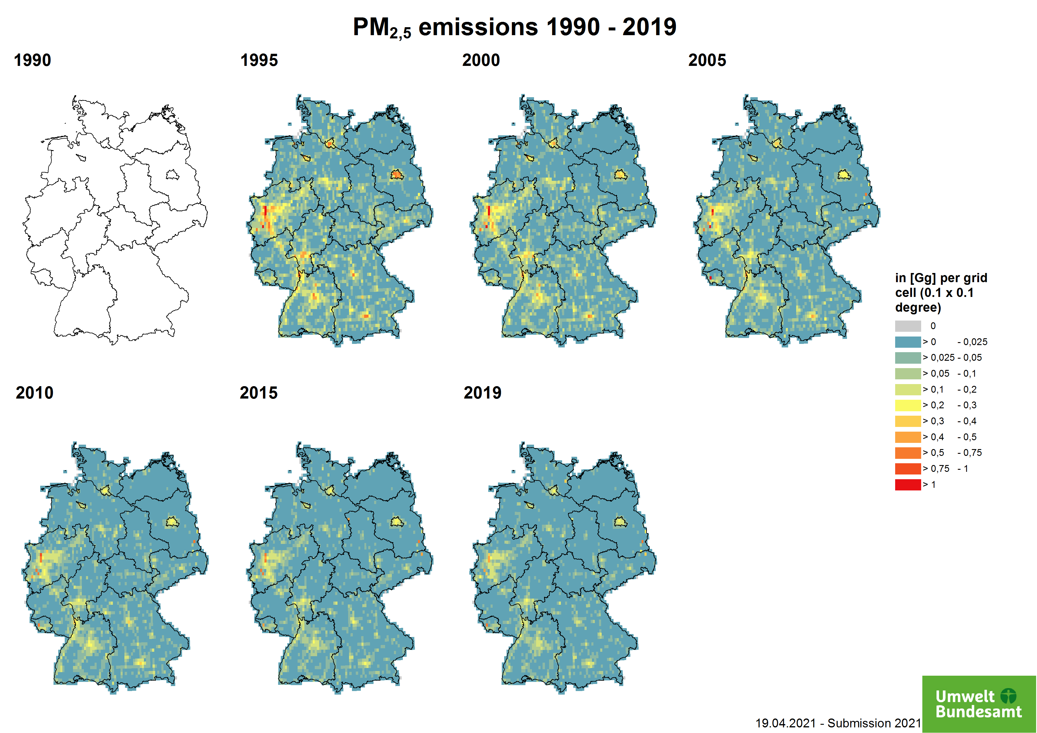 Deutschlandkarte Luftschadtstoffbelastung Staub und Feinstaub (PM2,5)