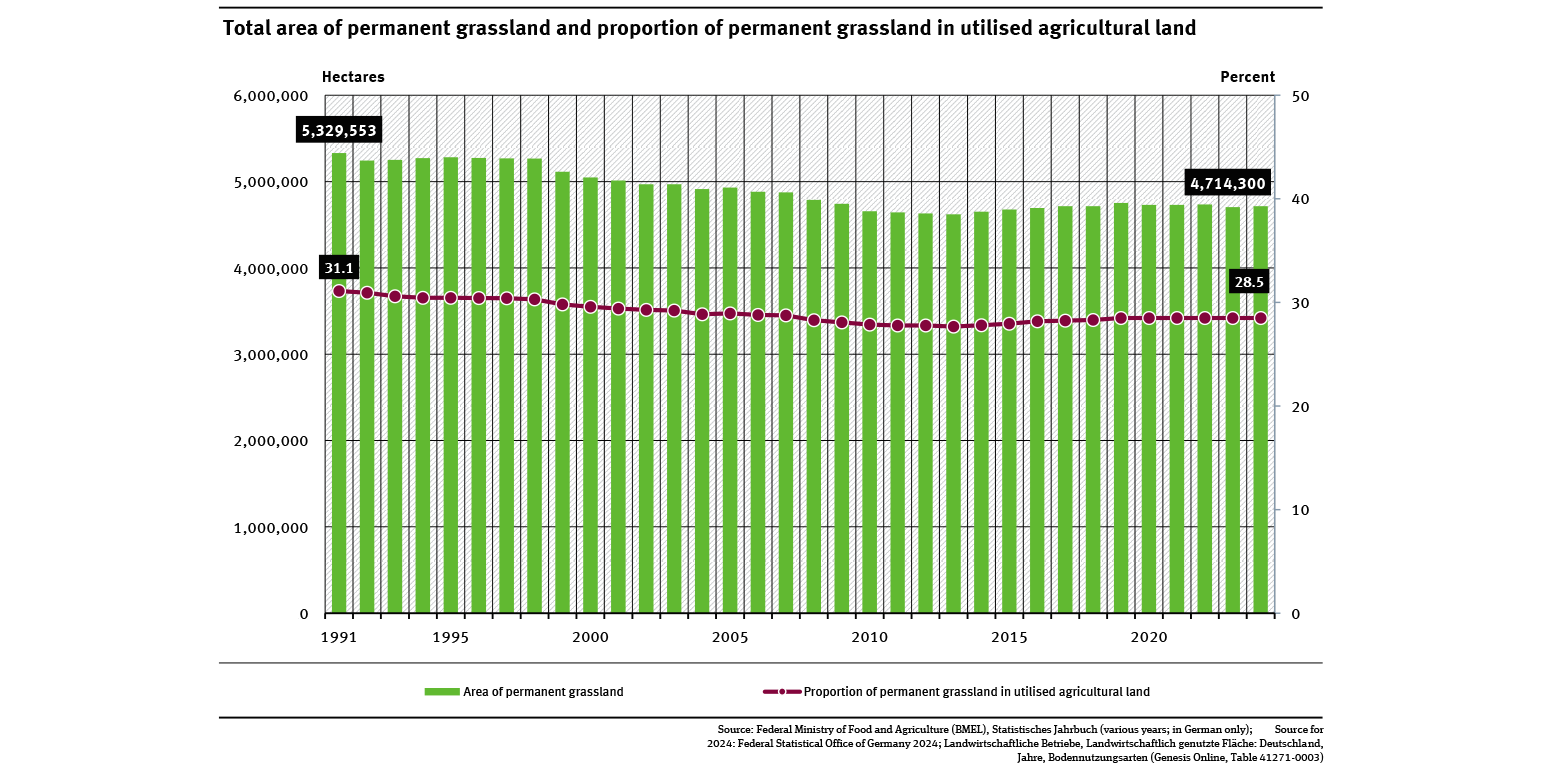 A graph shows the area of permanent grassland and its share of the total agricultural area from 1991 to 2024. Both indicators have been declining until 2013 and have then increased in the years that followed. Most recently, the values have stagnated.