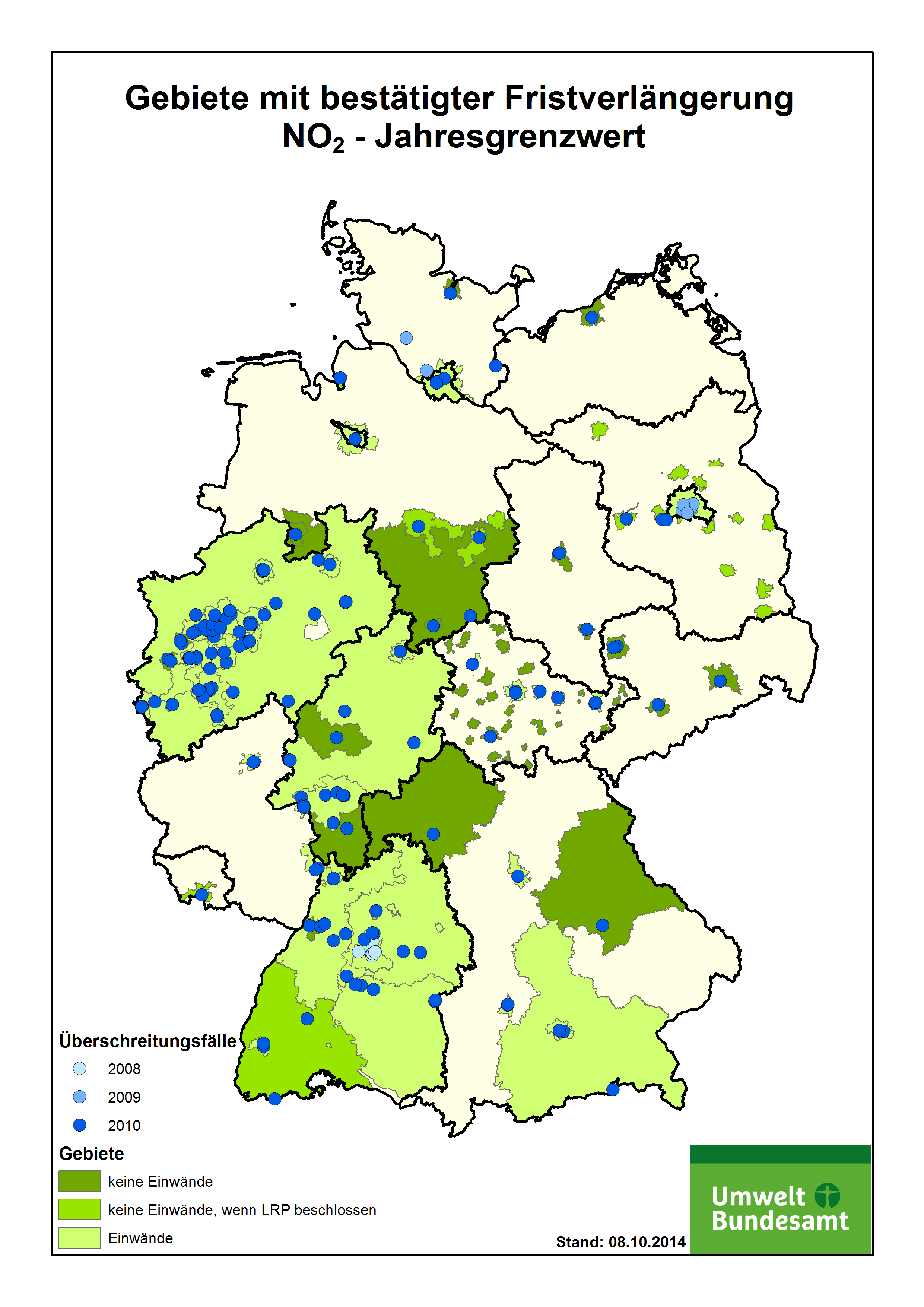 Eine Deutschlandkarte zeigt die Gebiete, die eine Fristverlängerung für den NO2-Jahresgrenzwert beantragt haben
