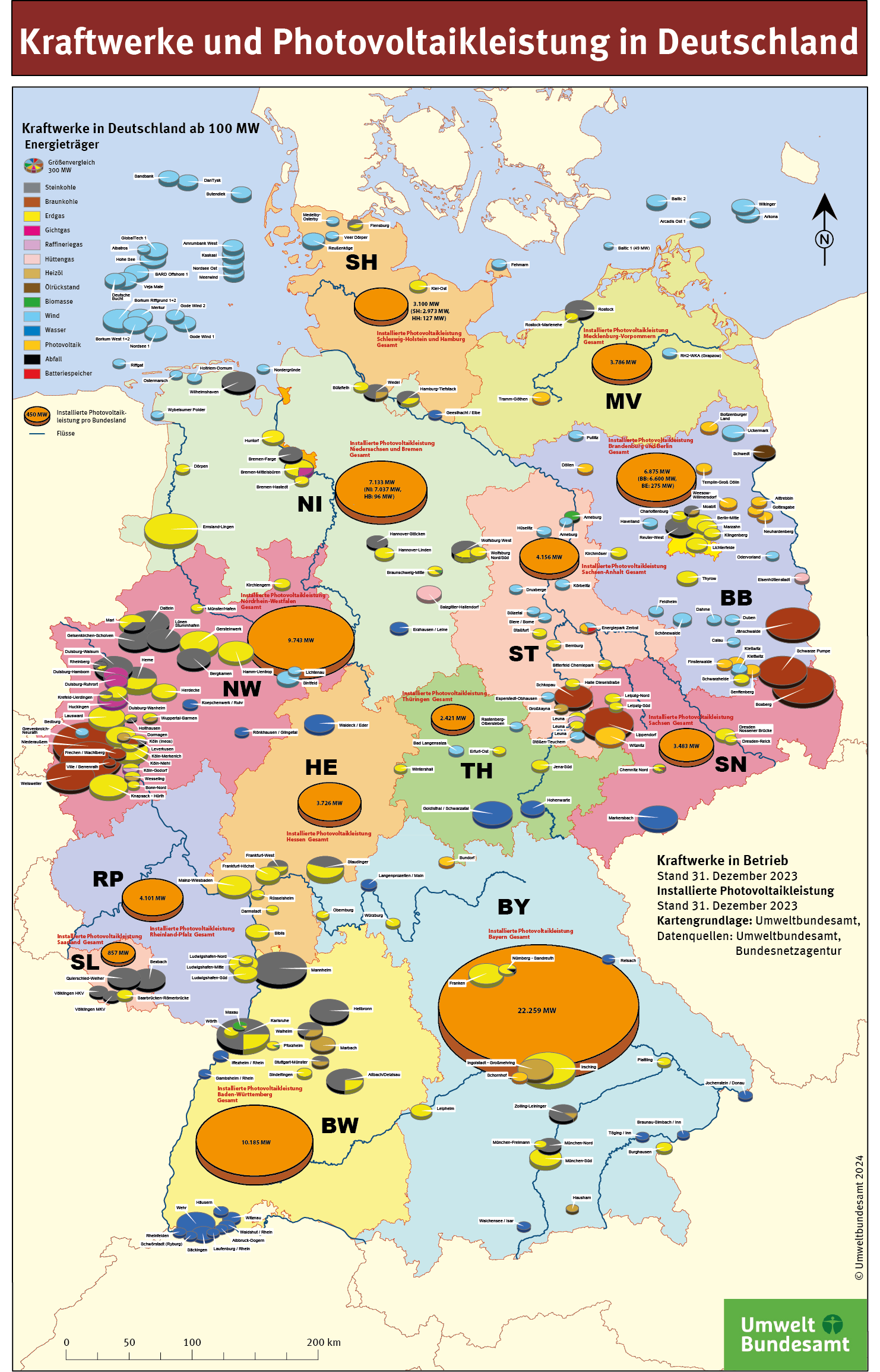 Die Karte zeigt Kraftwerke ab 100 MW sowie die installierte Photovoltaikleistung in Deutschland und den einzelnen Bundesländern.