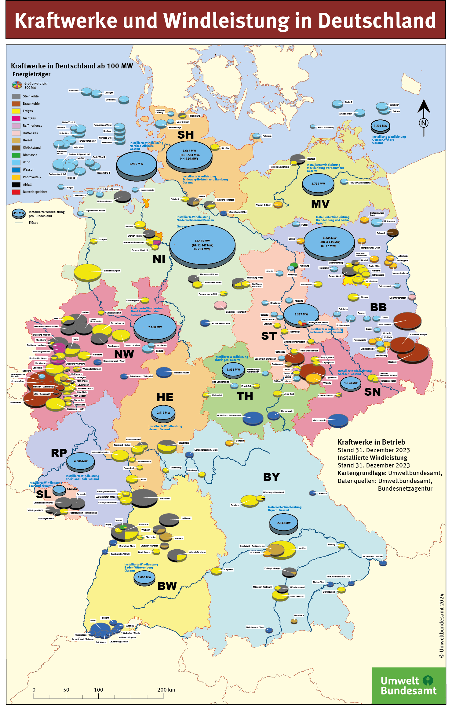 Die Karte zeigt Kraftwerke ab 100 MW sowie die installierte Windleistung in Deutschland, den einzelnen Bundesländern und auf See.
