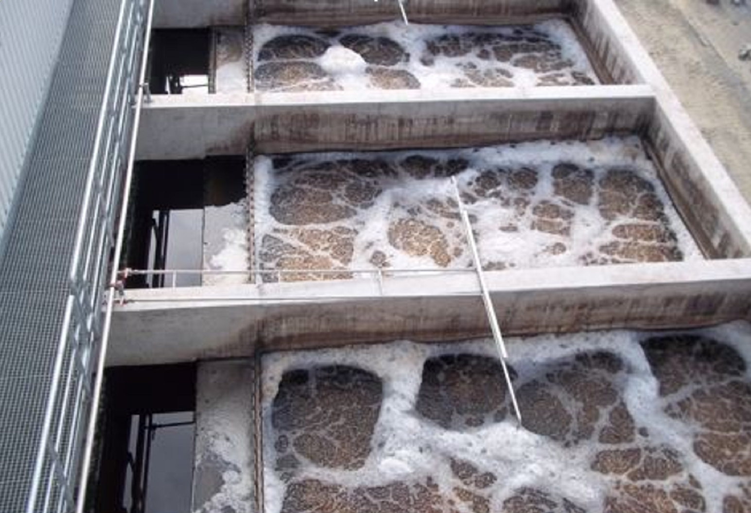 eine Reihe Betonbecken mit schmutzigen, aufgeschäumten Wasser