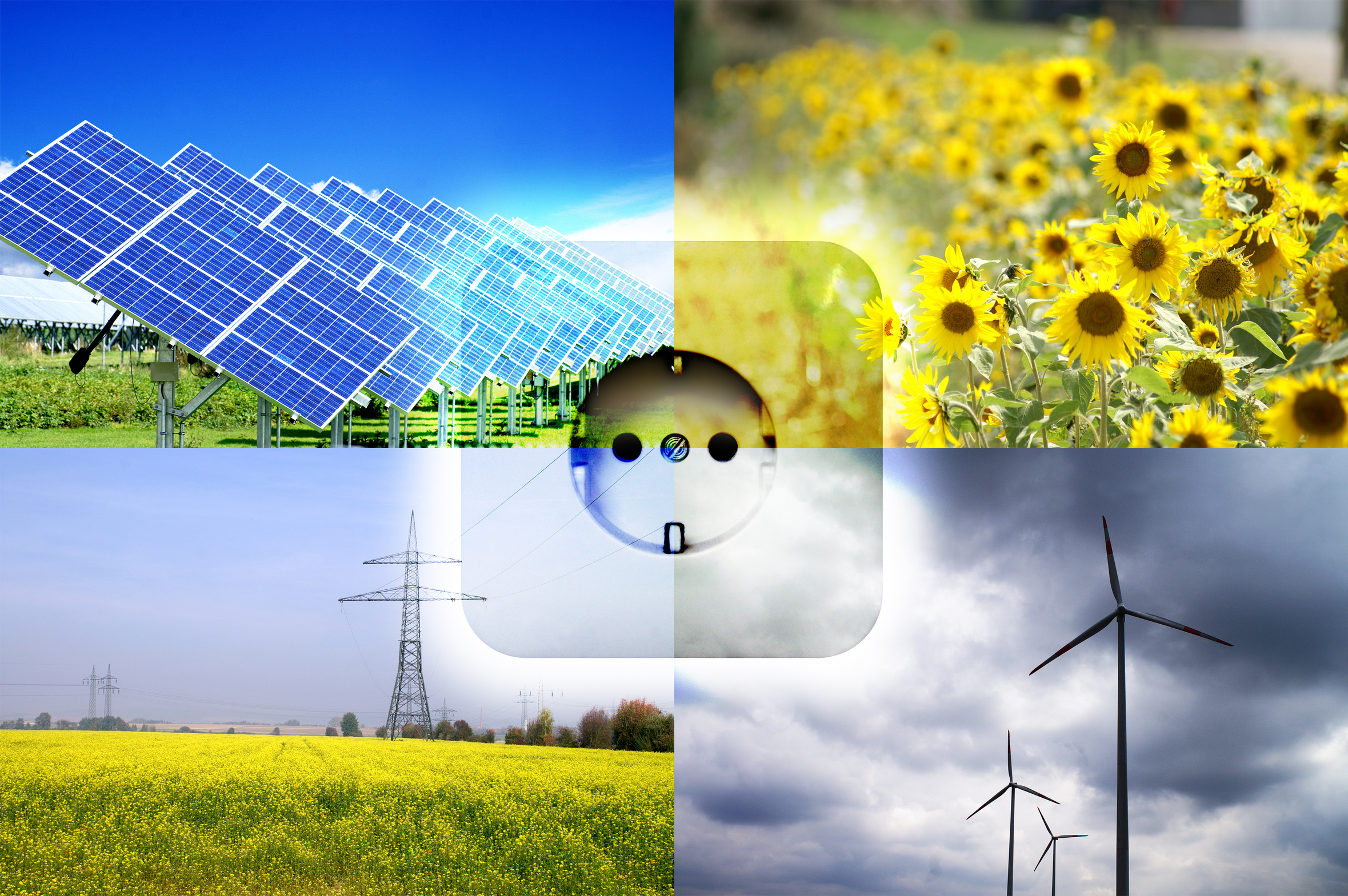 Collage: Solarpark, Sonnenblumenfeld, Windkraftanlagen und Rapsfeld mit Energiefreileitung, in der Mitt eine Steckdose
