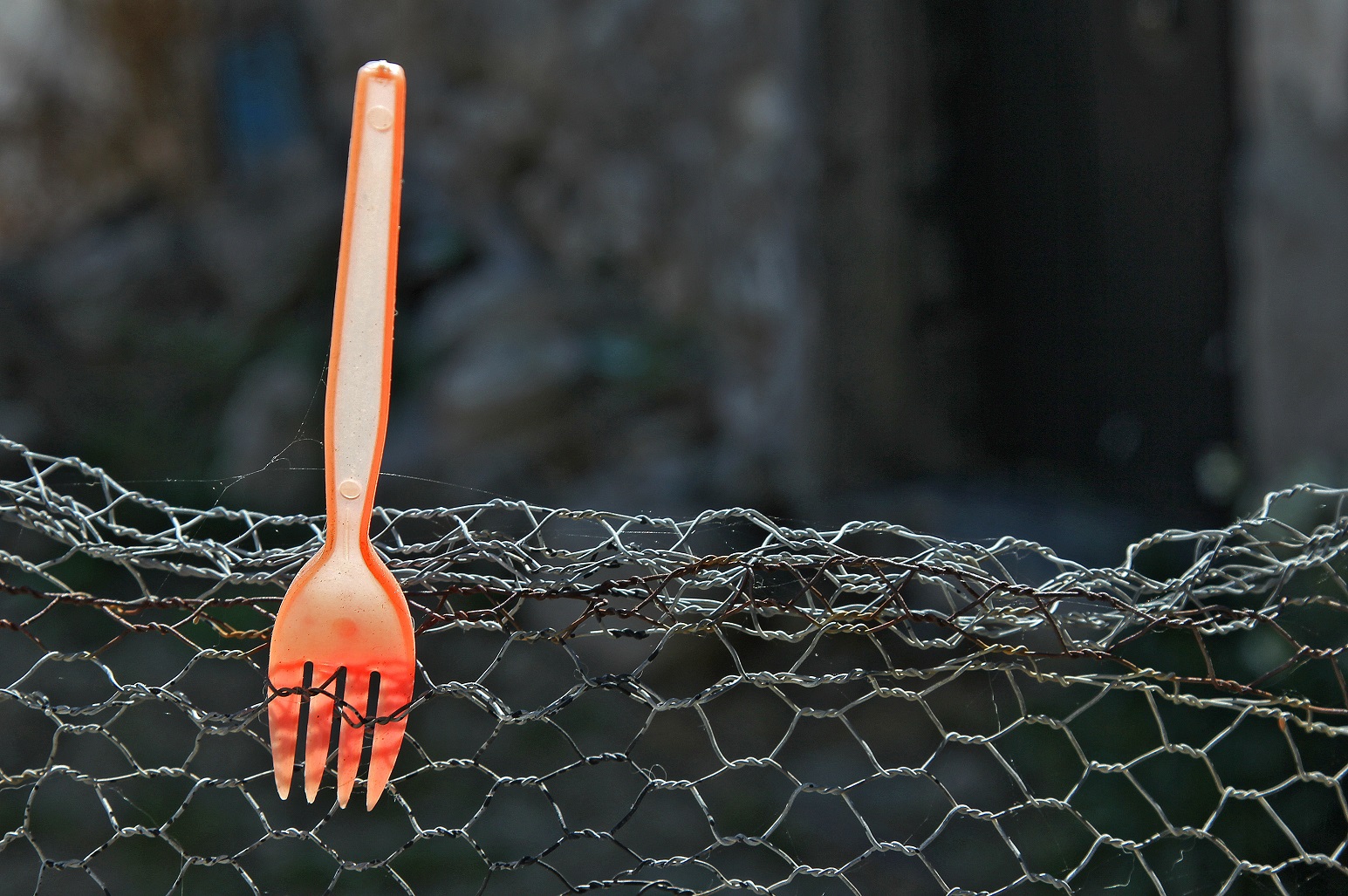 auf einem Maschendrahtzaun spießt eine orange Plastikgabel