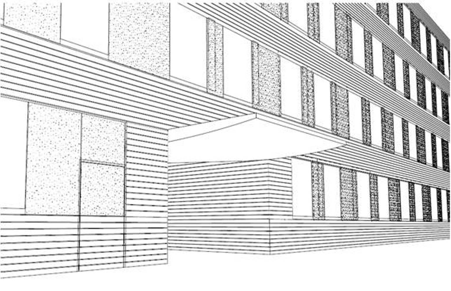 Zeichnung des UBA Dessau, ein Hintereingang wurde erweitert und mit einem Vordach versehen.