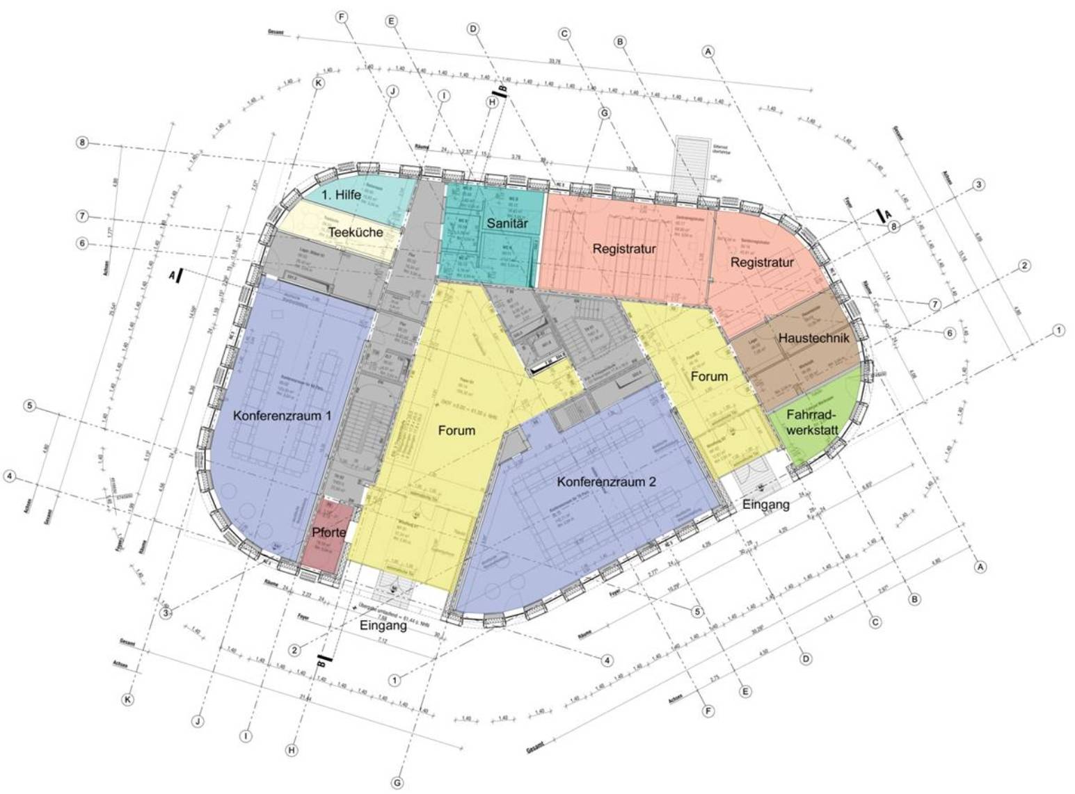 Grundriss-Plan, eingezeichnet sind 2 Konferenzräume, Räume für die Registratur, für 1. Hilfe, Haustechnik, Sanitär, Teeküche und Fahrradwerkstatt. Es gibt zwei Eingangsbereiche und zwei Treppenaufgänge.