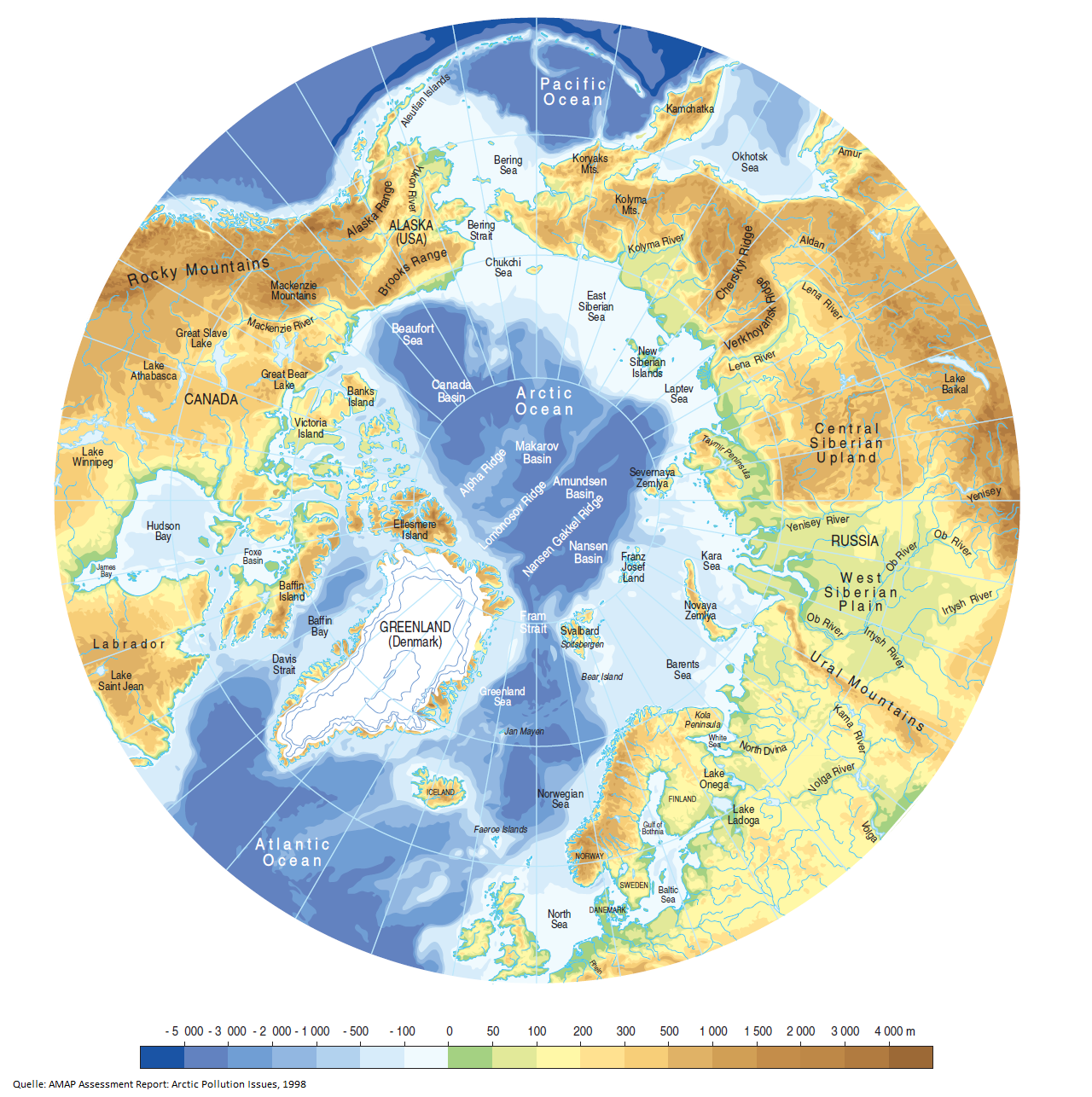 Grafik der Topografie und Bathymetrie der Arktis