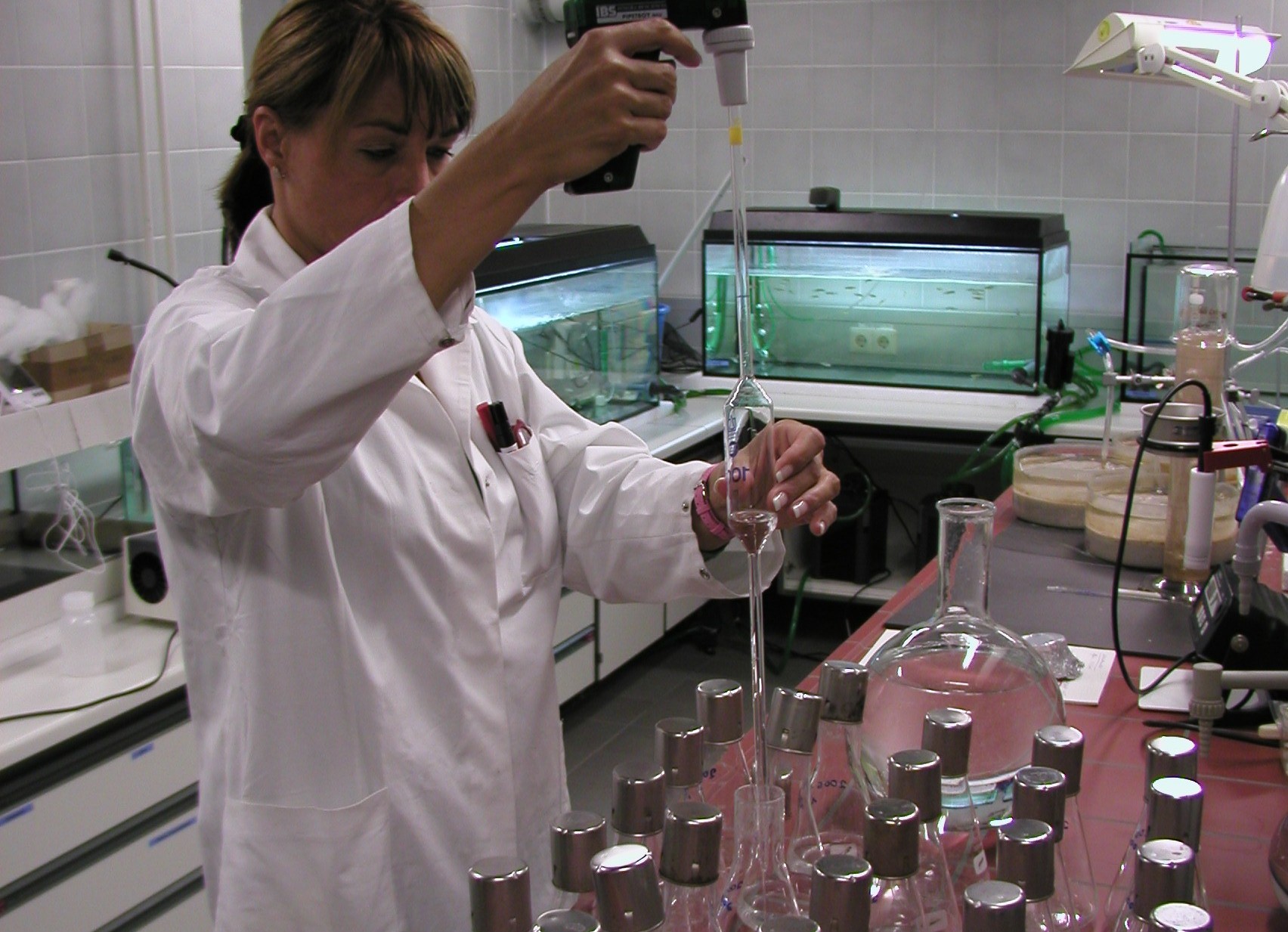 A woman in the apron of the chemistry works in the laboratory. You are filled with liquid glass vessels