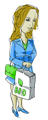 drawing of a woman with a paper shopping bag with the inscription "Bio"