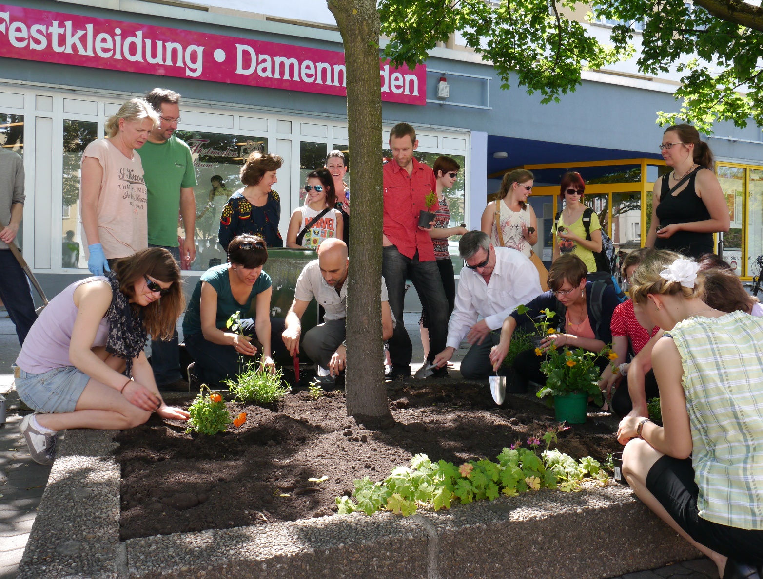 Mitarbeiter des UBA und Kinder pflanzen in der Dessauer Innenstadt ein Blumenbeet (Baumscheibe)