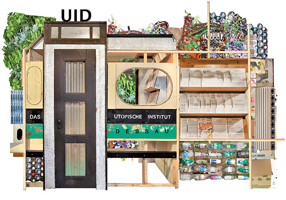 Collage aus alten Möbeln und Zeitungen als "logo" für das Utopische Institut