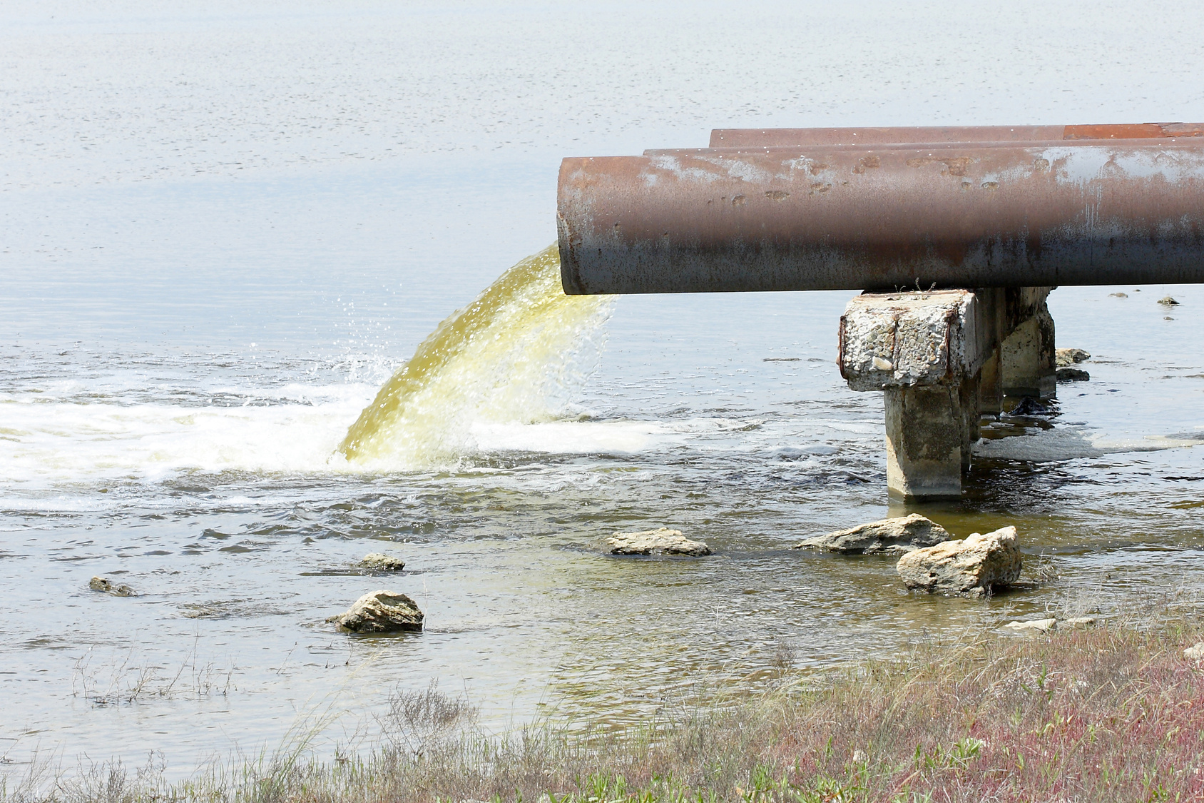 Aus einem Rohr fließt Abwasser in ein Gewässer