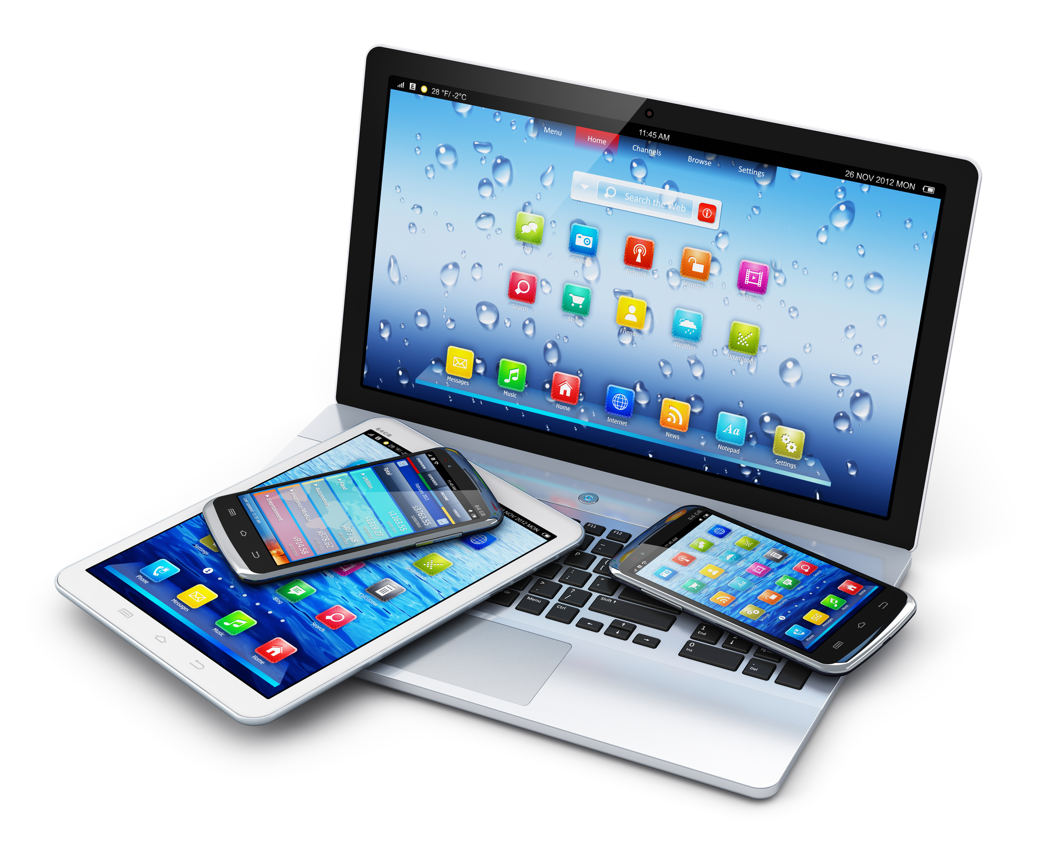 Notebook, Tablet und Handys liegen übereinander