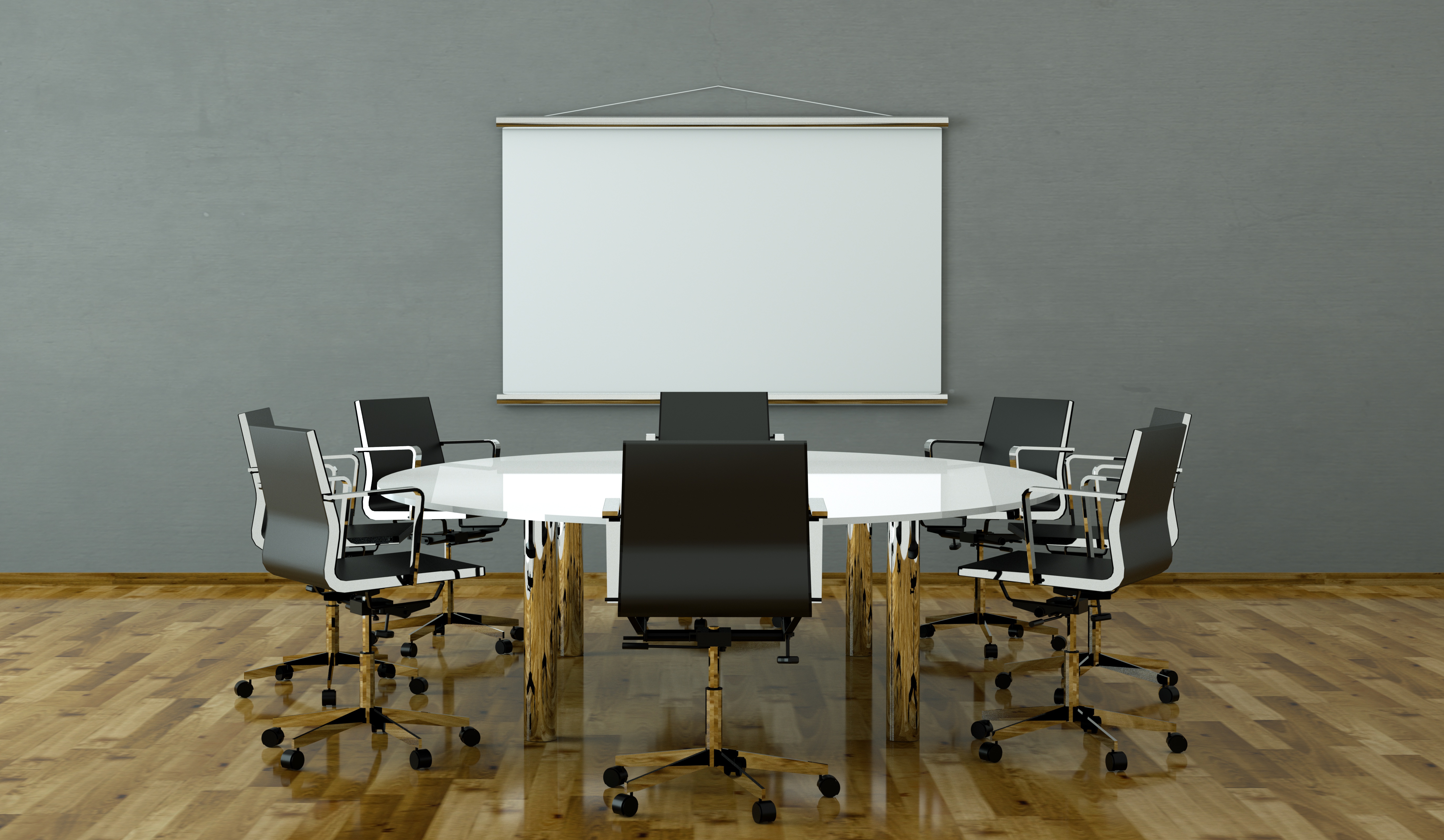 Konferenzzimmer mit hölzernem Bodenbelag, auf dem Tisch und Stühlen stehen