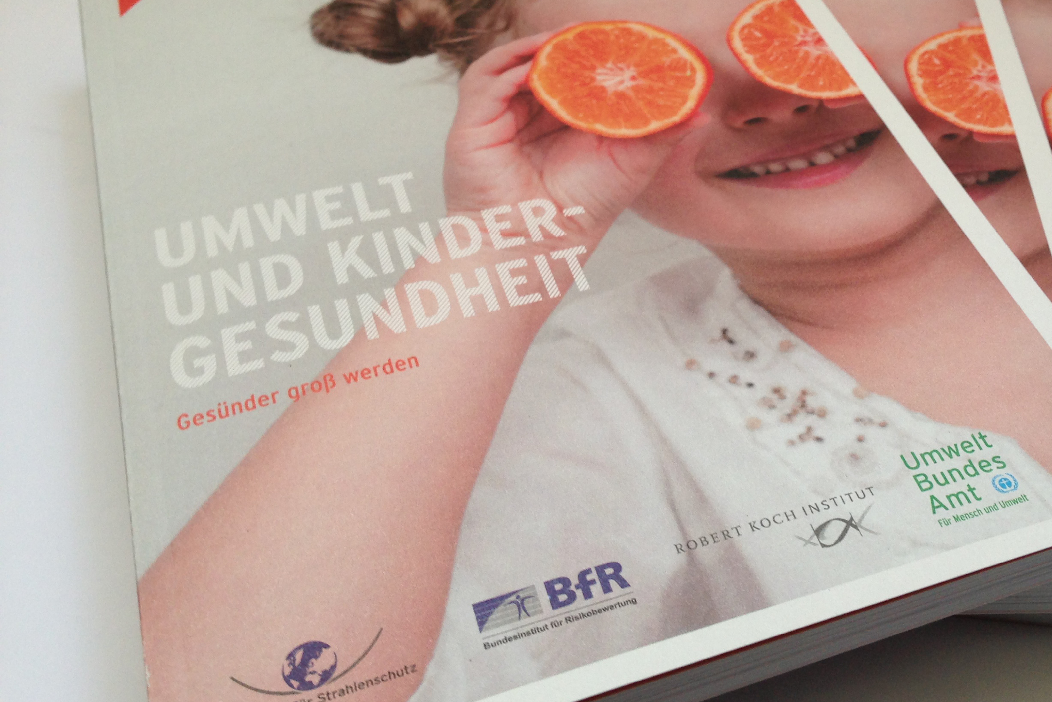 Cover of the brochure with a photo of a little girl holding two halves of an orange in front of her eyes to make fun