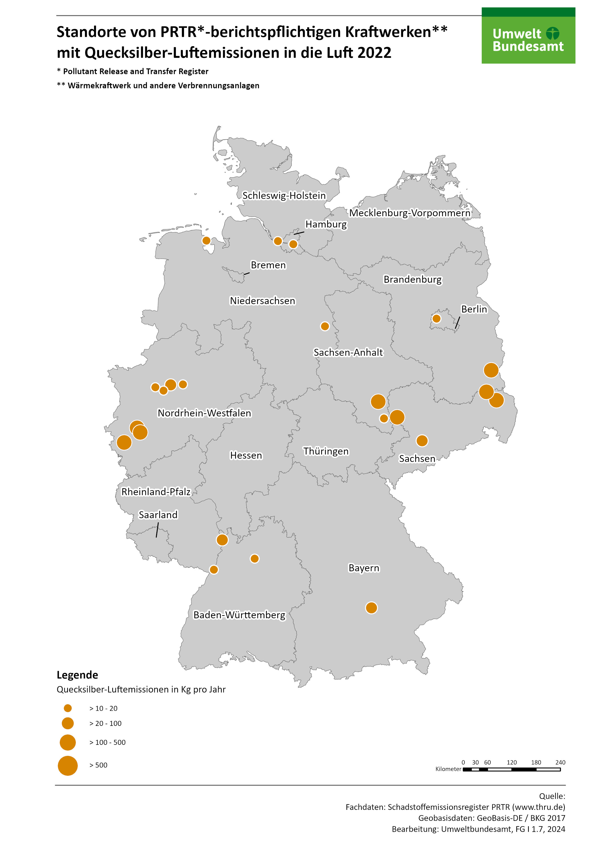 Die Karte zeigt die räumliche Verteilung der PRTR-berichtspflichtigen Wärmekraftwerke und anderen Verbrennungsanlagen unter Angabe der jeweiligen Quecksilber-Emissionsmengen in die Luft für das Berichtsjahr 2022.