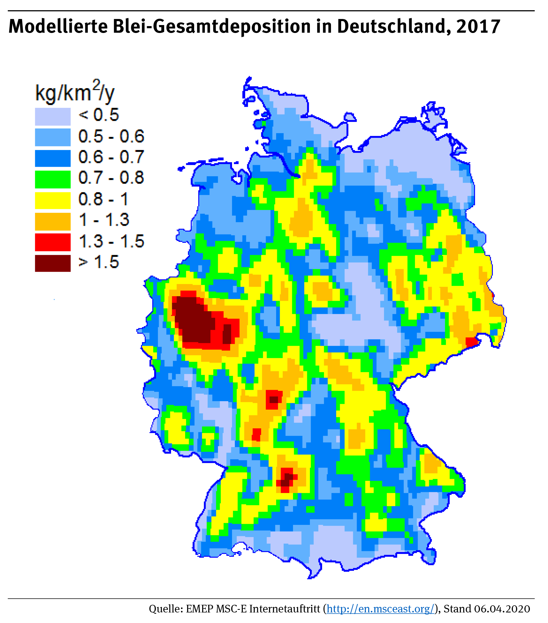 Die Karte zeigt: die Blei-Gesamtdepositionen in Deutschland lagen in 2017 größtenteils im Bereich von 0,6 – 1,5 kg Pb/km².