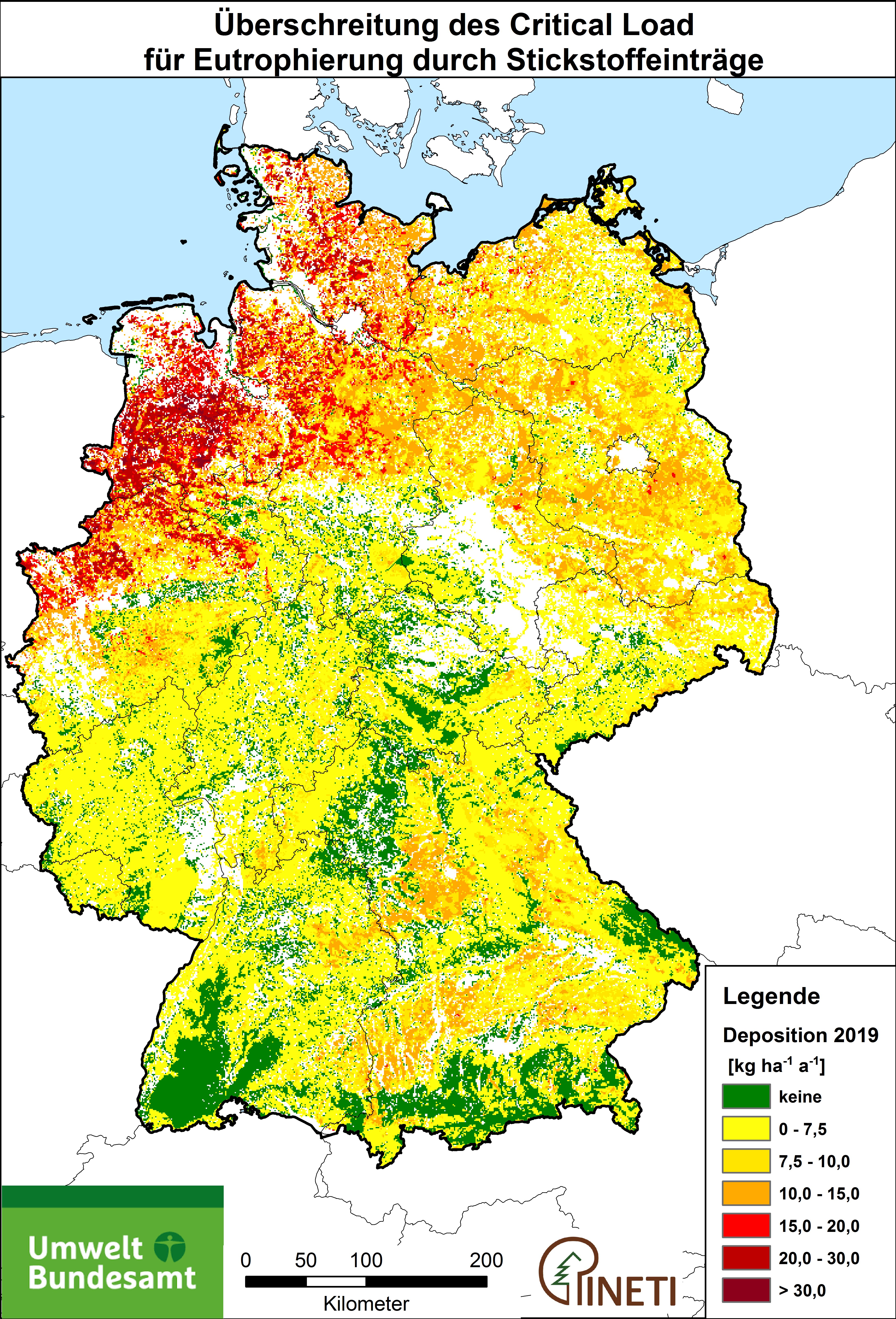 Die Abbildung zeigt eine Deutschlandkarte mit der räumlichen Verteilung von Flächen, die eine Überschreitung der ökologischen Belastungsgrenzen für Eutrophierung im Jahre 2019 aufweisen.