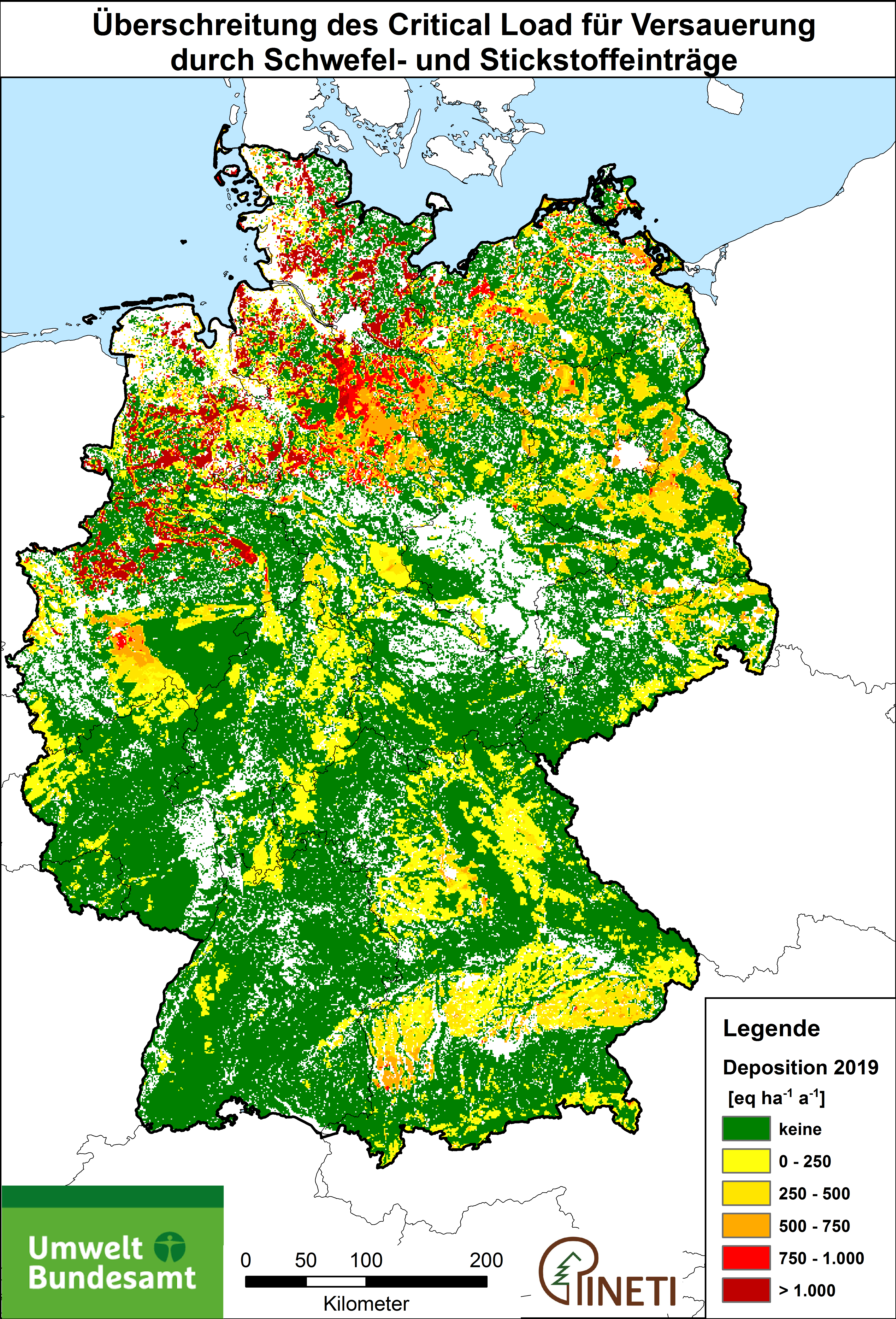 Die Abbildung zeigt eine Deutschlandkarte mit der räumlichen Verteilung von Flächen, die eine Überschreitung der ökologischen Belastungsgrenzen für Versauerung im Jahre 2019 aufweisen.