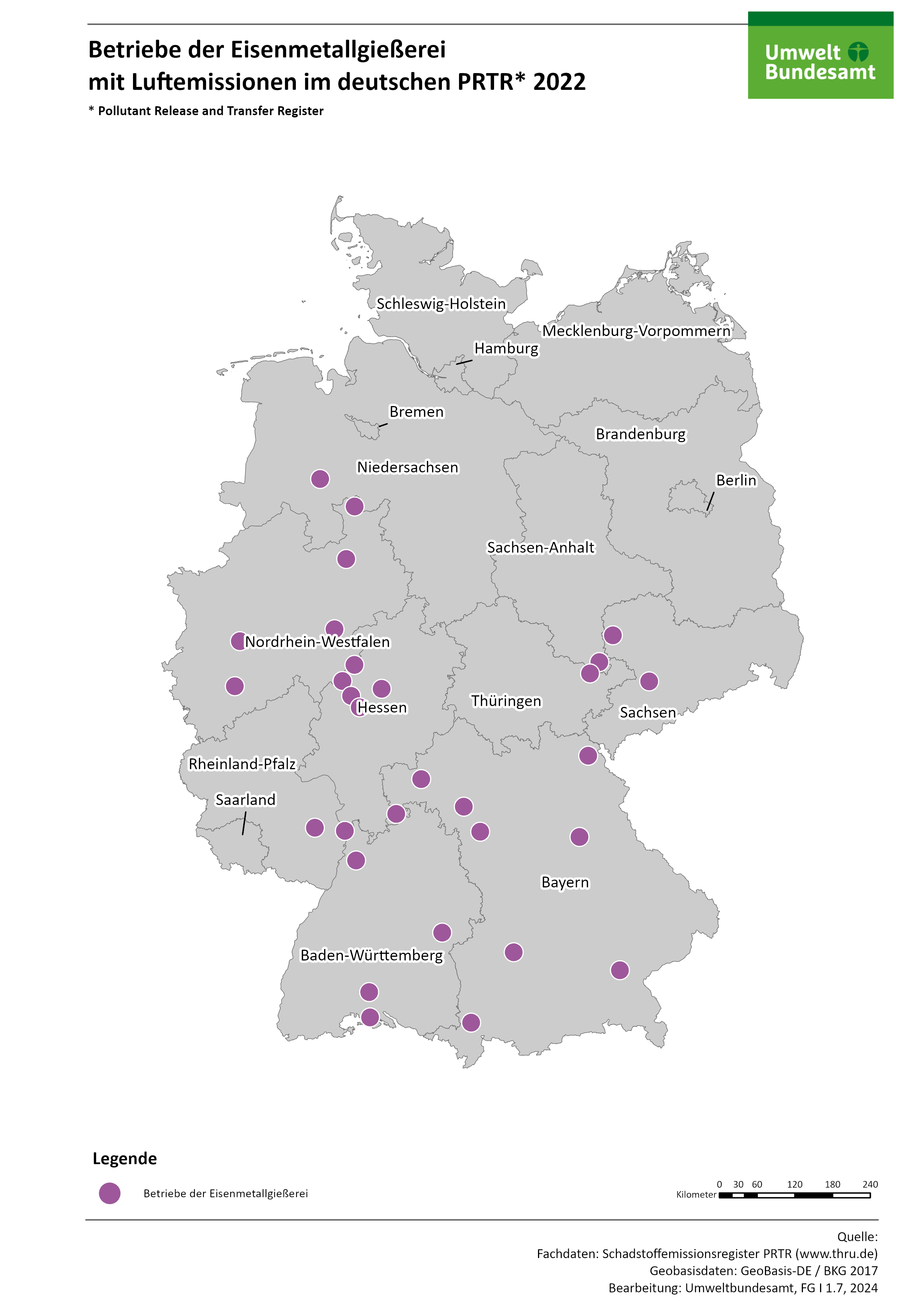 Die Karte zeigt die räumliche Verteilung der PRTR-berichtspflichtigen Eisenmetallgießereien im Jahr 2022. Die meisten dieser Betriebe liegen in dem Bundesland Bayern.